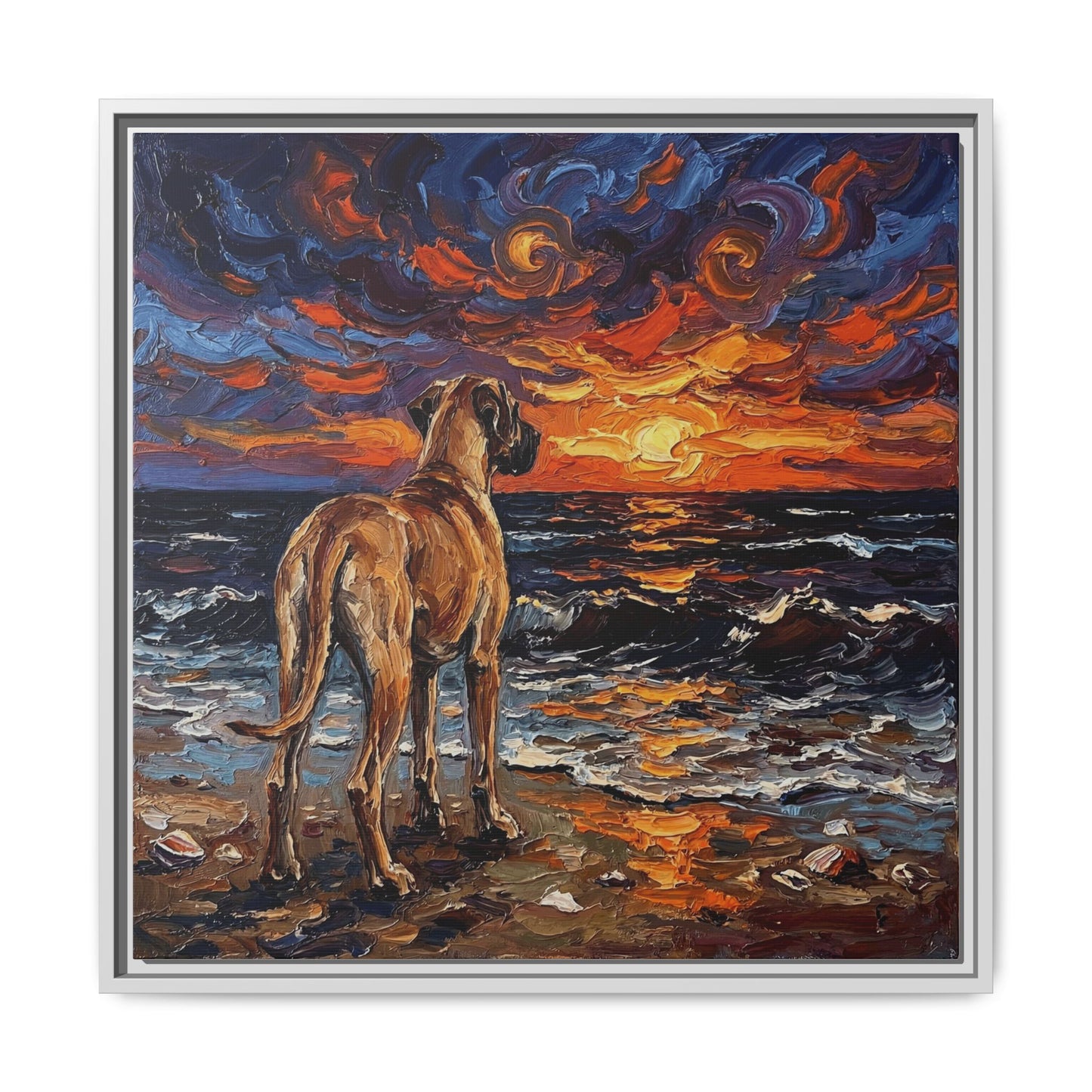 "Beach Sunset - Fawn Great Dane" Framed Canvas Wall Art