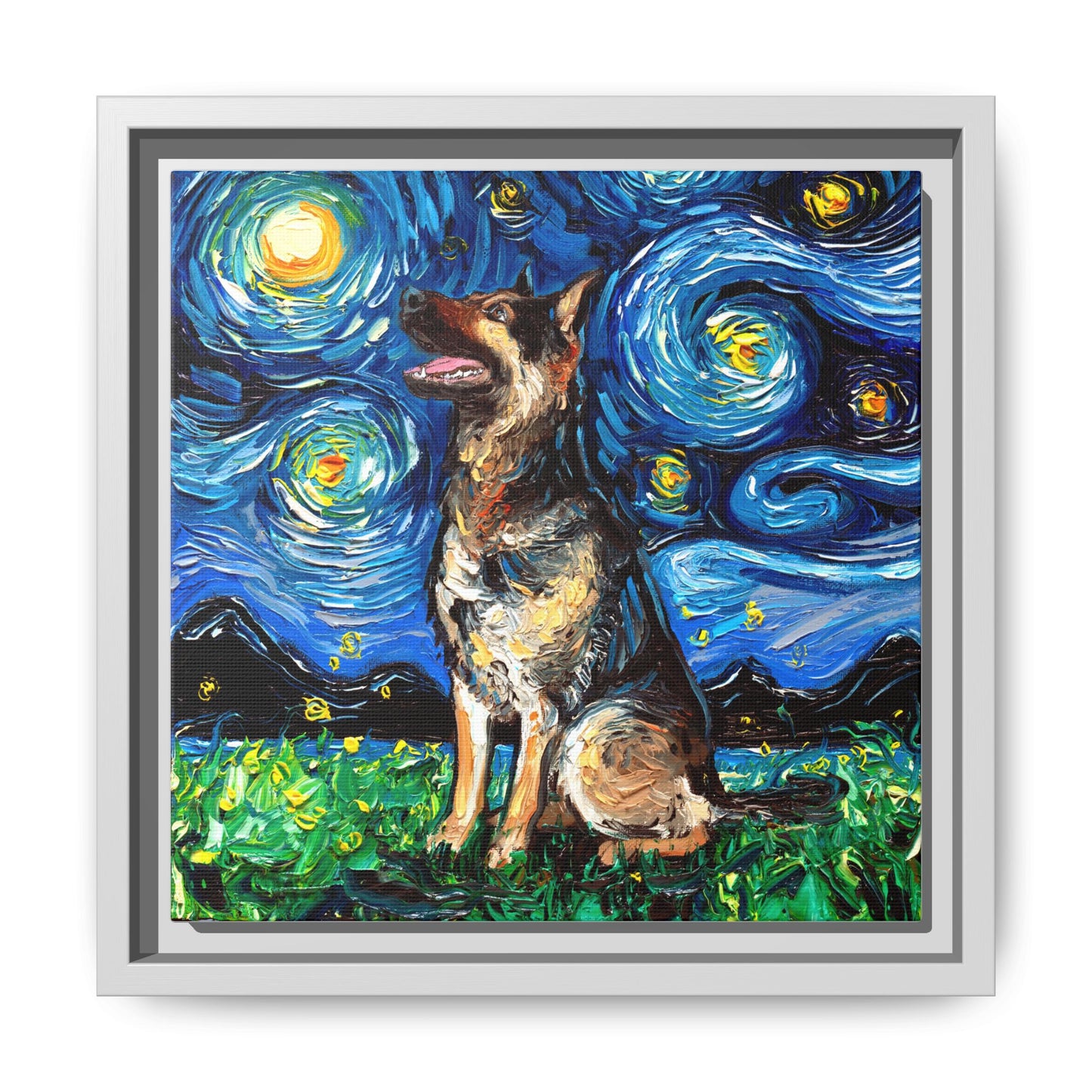 "German Shepherd Night" Framed Canvas Wall Art
