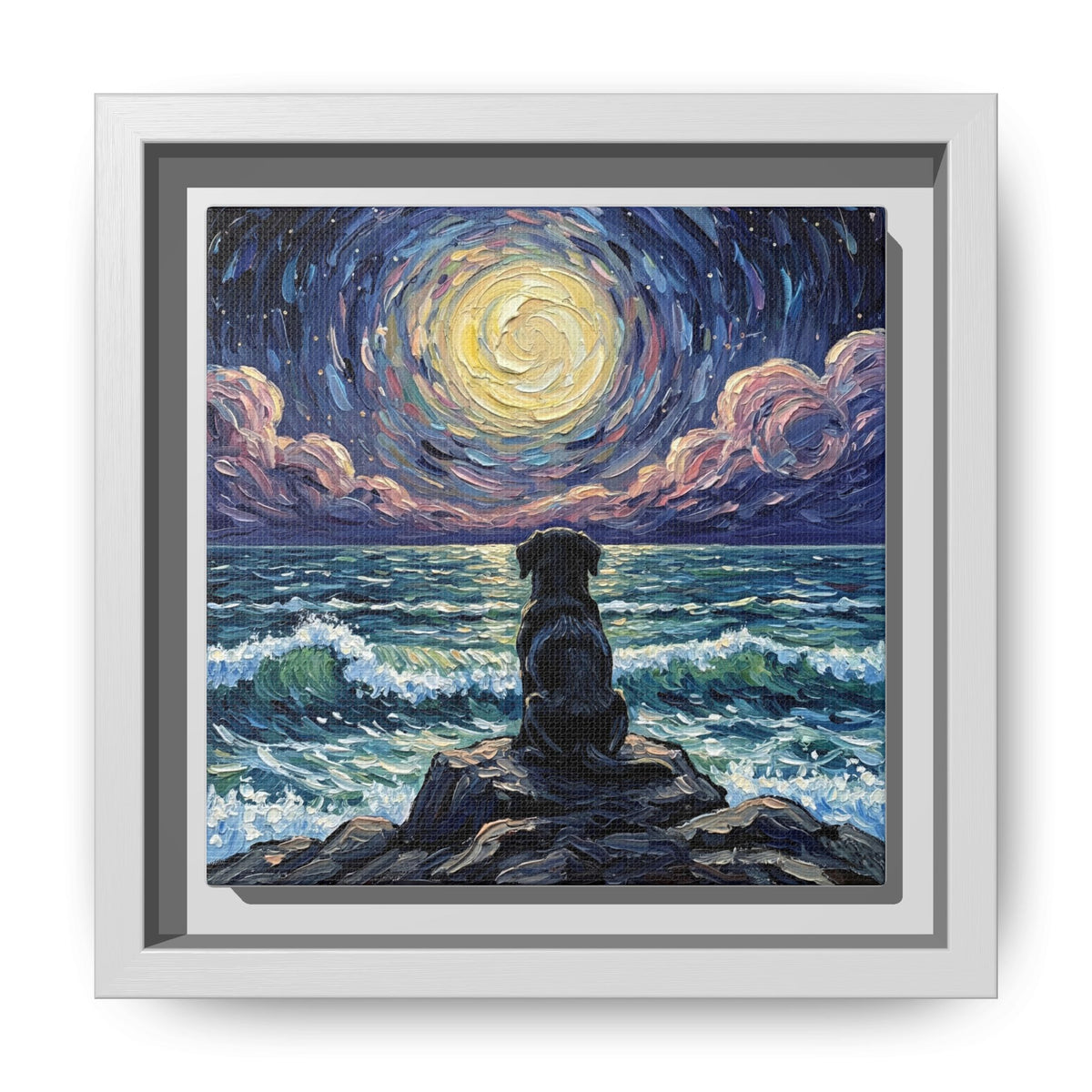 "Beach Night - Black Lab Puppy" Framed Canvas Wall Art