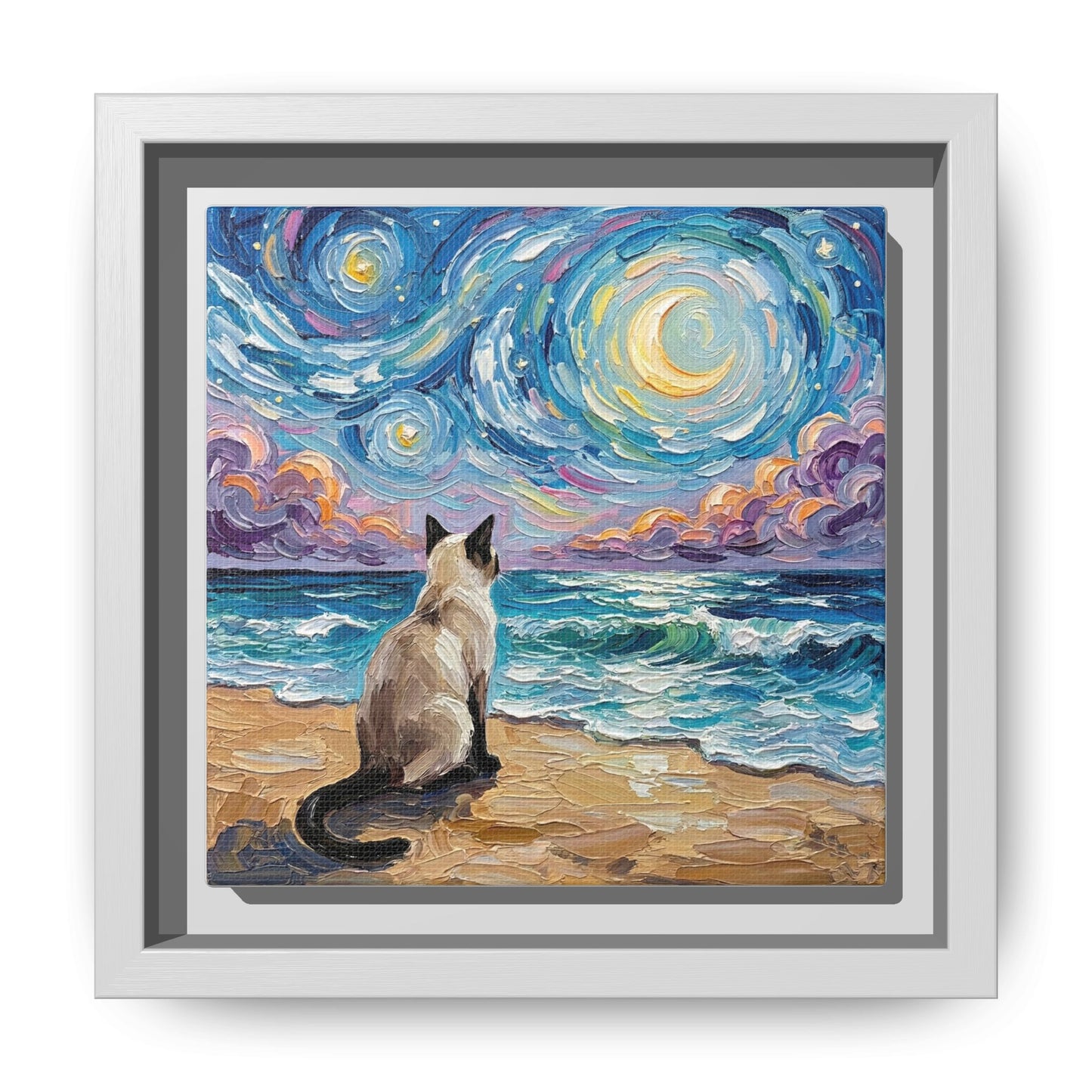 "Beach Night - Siamese Cat" Framed Canvas Wall Art
