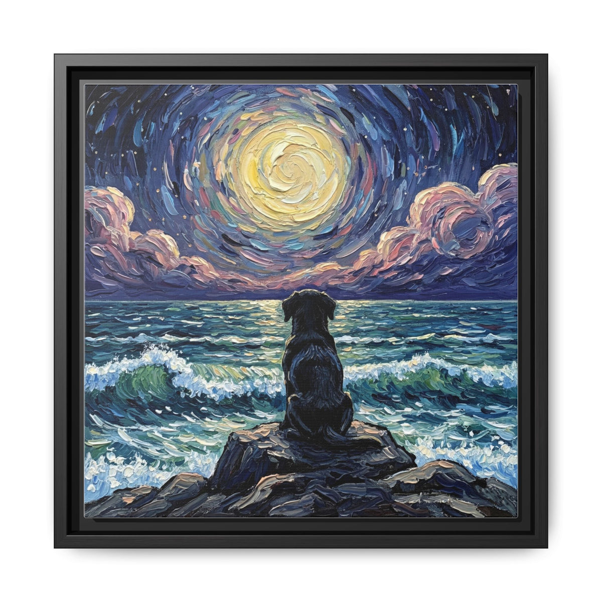 "Beach Night - Black Lab Puppy" Framed Canvas Wall Art