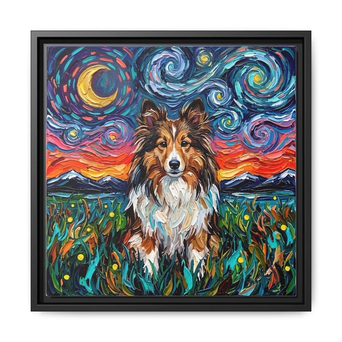 "Sheltie Night 2" Framed Canvas Wall Art