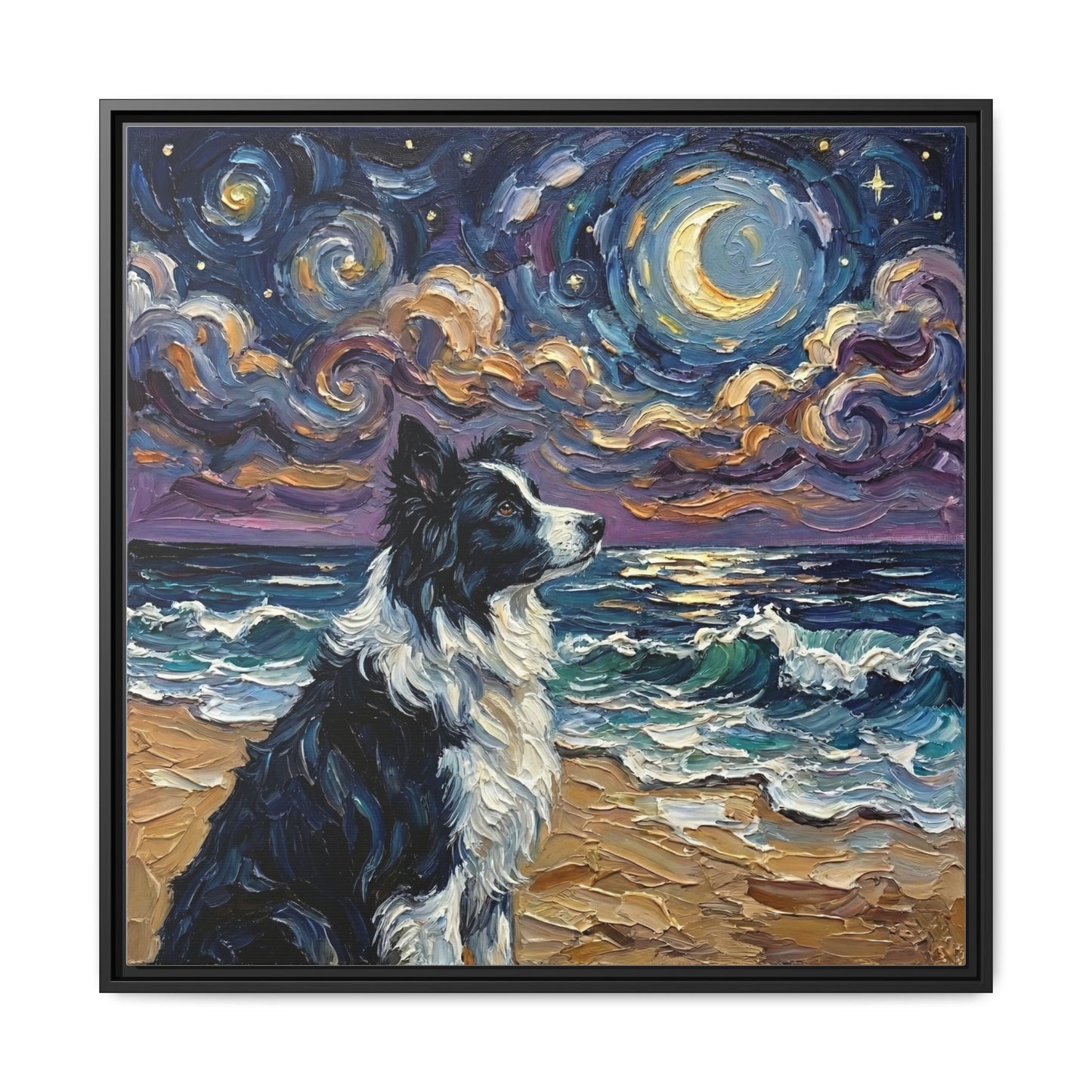 "Beach Night - Border Collie" Framed Canvas Wall Art