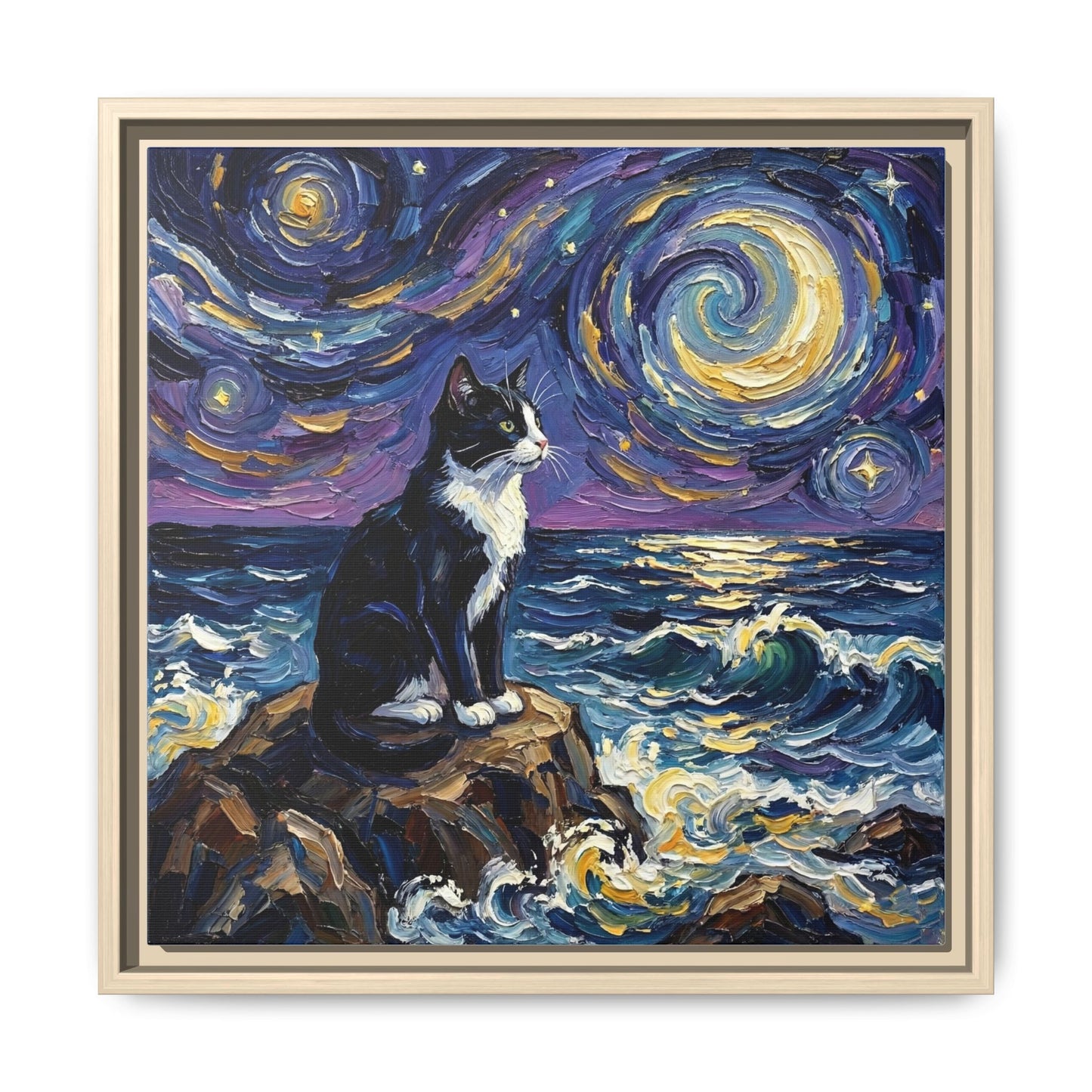 "Beach Night - Tuxedo Cat" Framed Canvas Wall Art