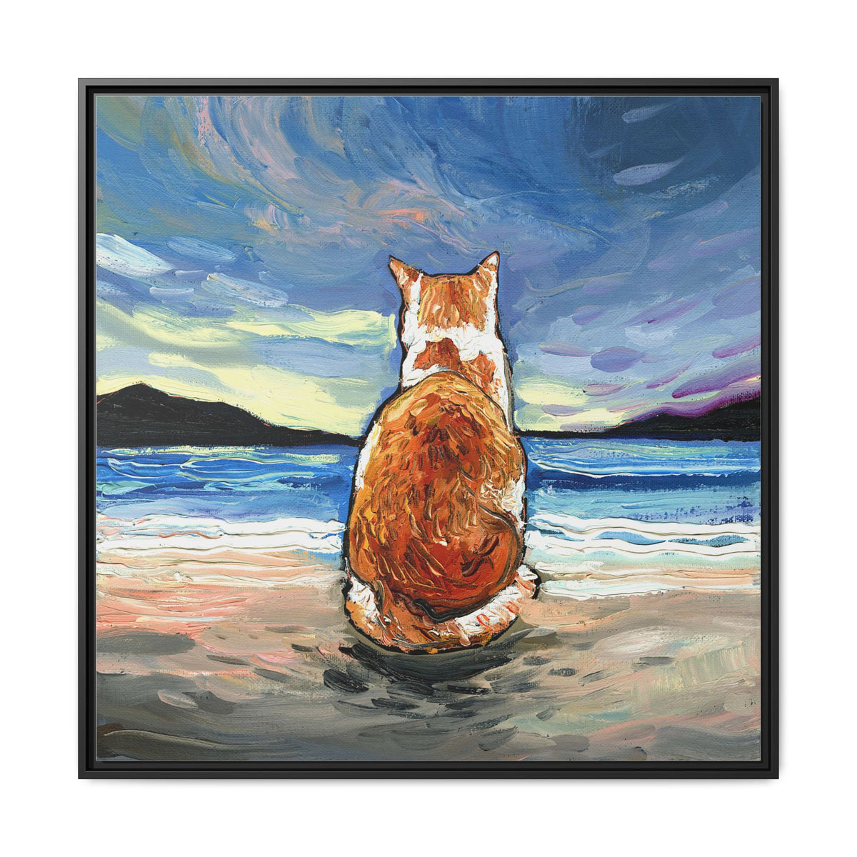 "Beach Day - Orange and White Tabby Cat" Framed Canvas Wall Art