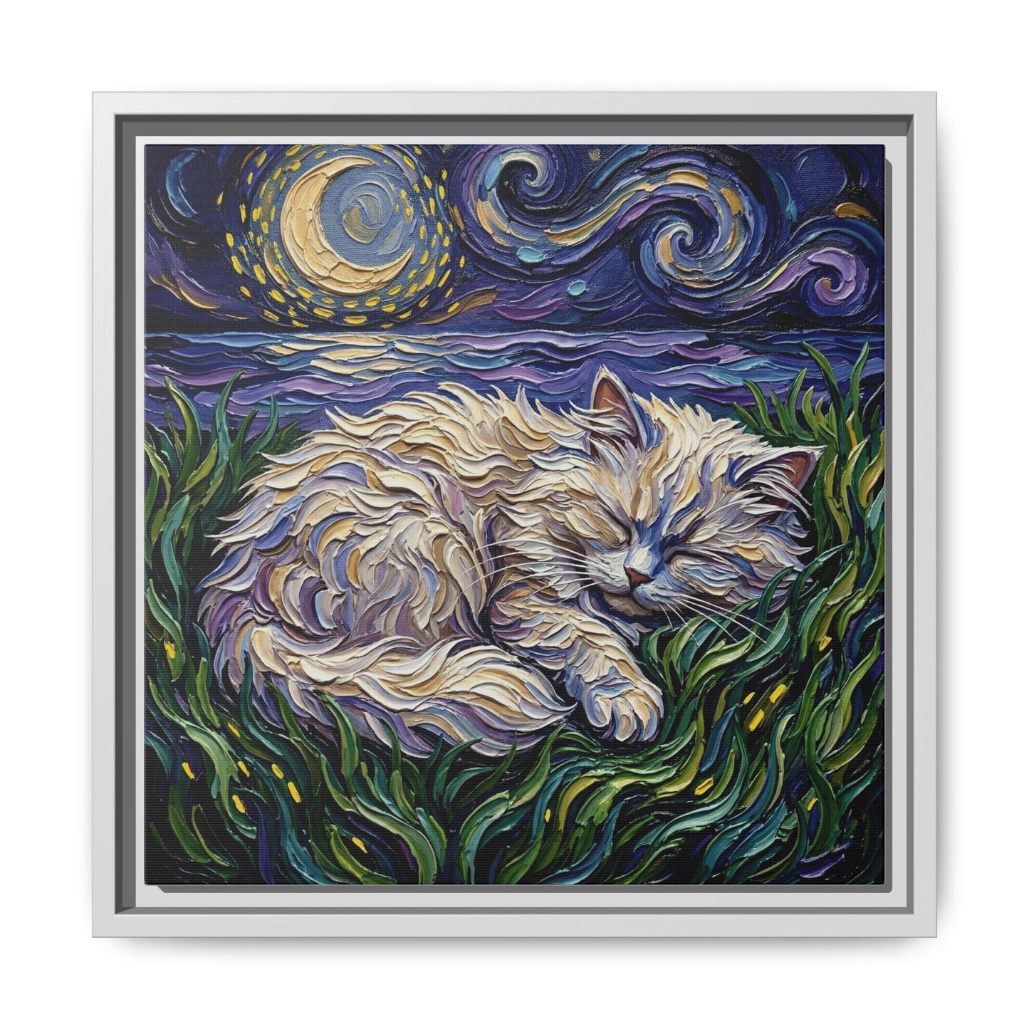 "Sleepy White Persian Night" Framed Canvas Wall Art