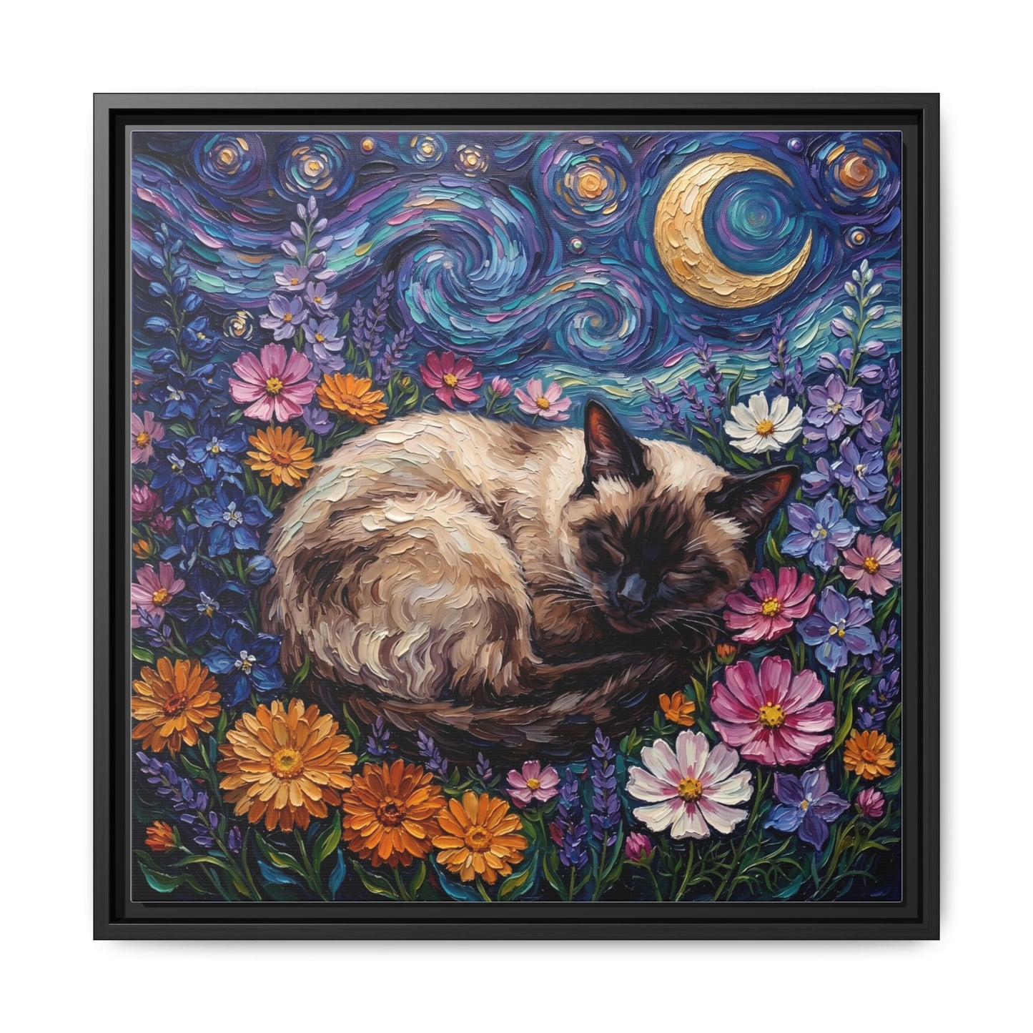 "Amongst The Flowers - Siamese Cat" Framed Canvas Wall Art