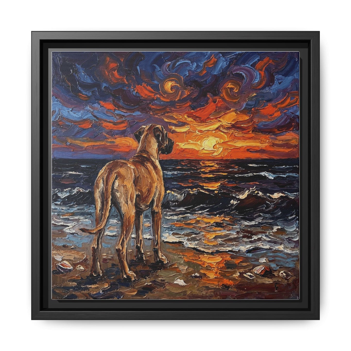 "Beach Sunset - Fawn Great Dane" Framed Canvas Wall Art