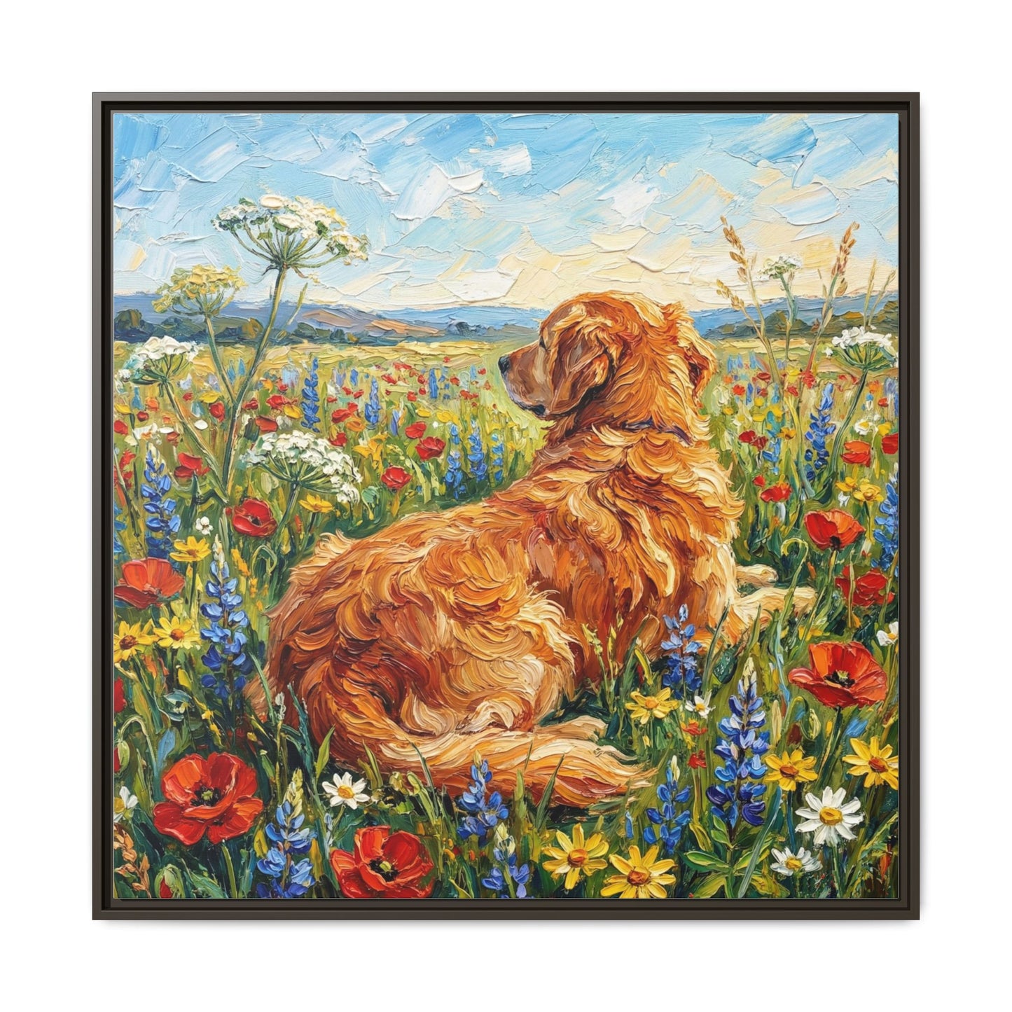 "Amongst The Flowers - Golden Retriever" Framed Canvas Wall Art