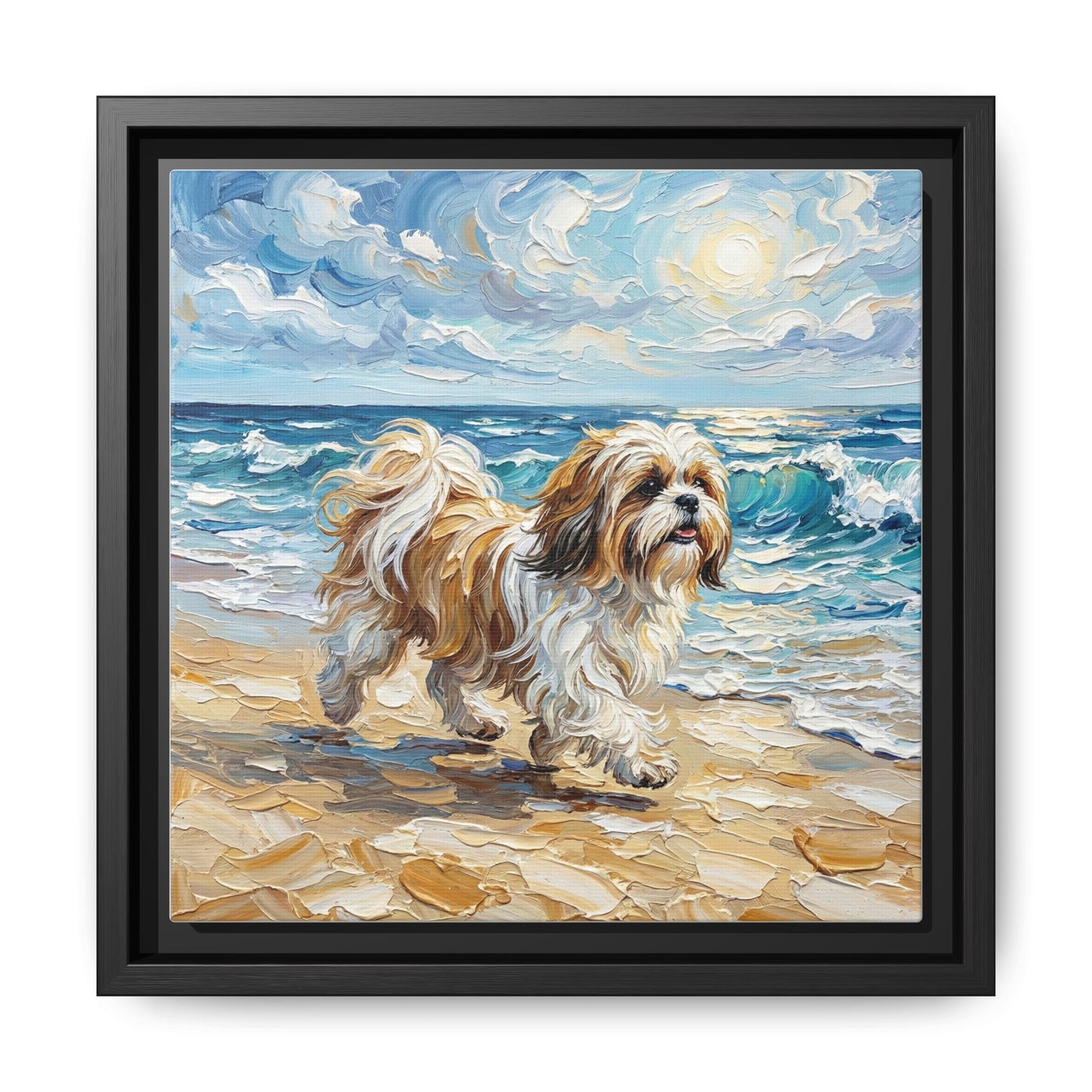 "Beach Day - Shih Tzu" Framed Canvas Wall Art