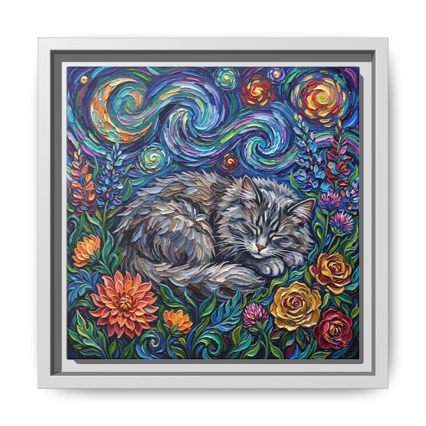 "Amongst The Flowers - Gray Domestic Long Haired Cat" Framed Canvas Wall Art