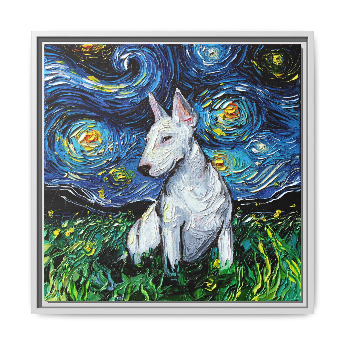 "Bull Terrier Night" Framed Canvas Wall Art