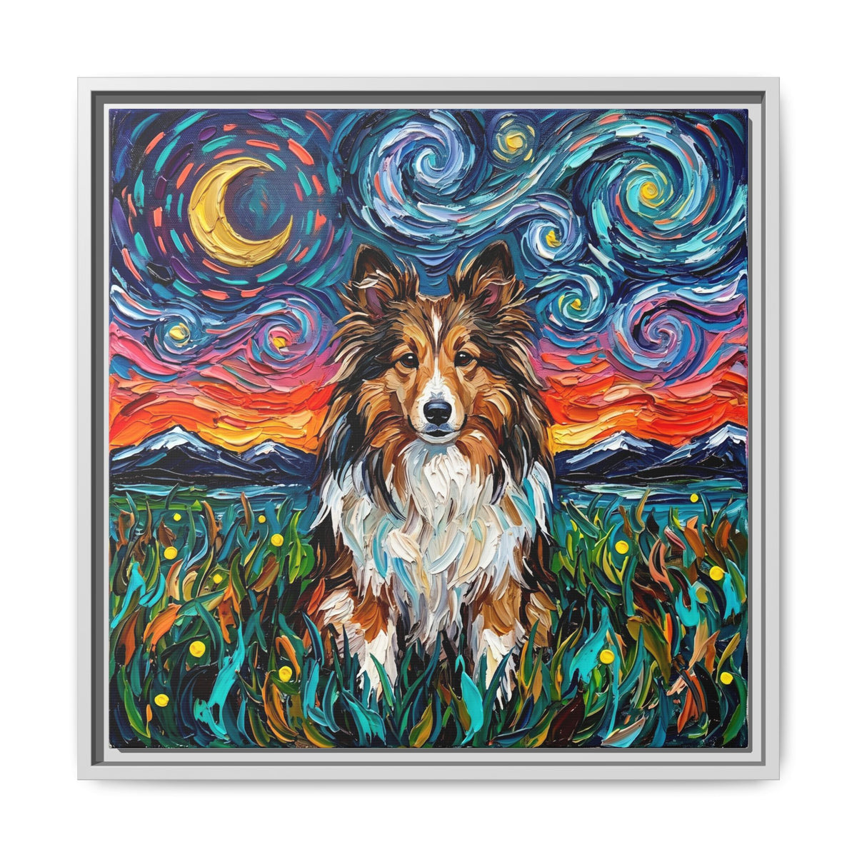 "Sheltie Night 2" Framed Canvas Wall Art