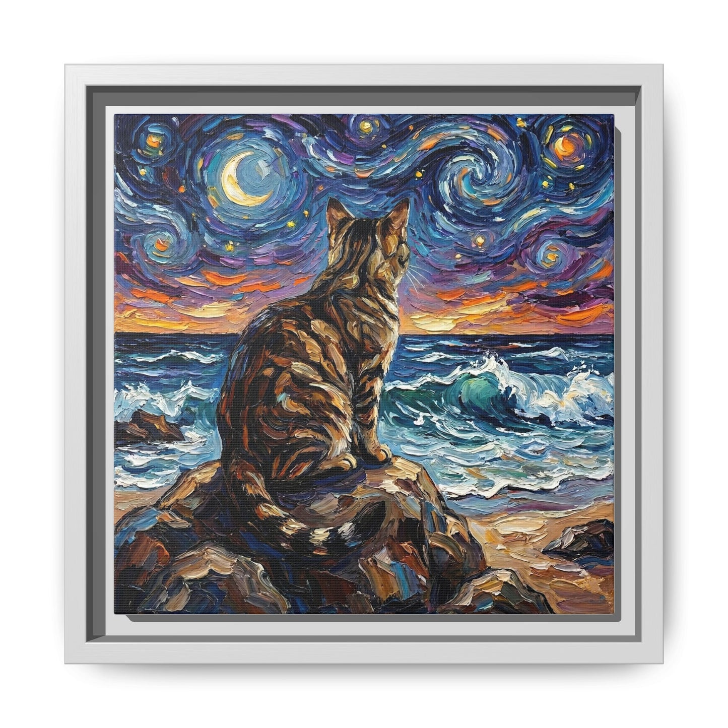 "Beach Night - Brown Tabby" Framed Canvas Wall Art