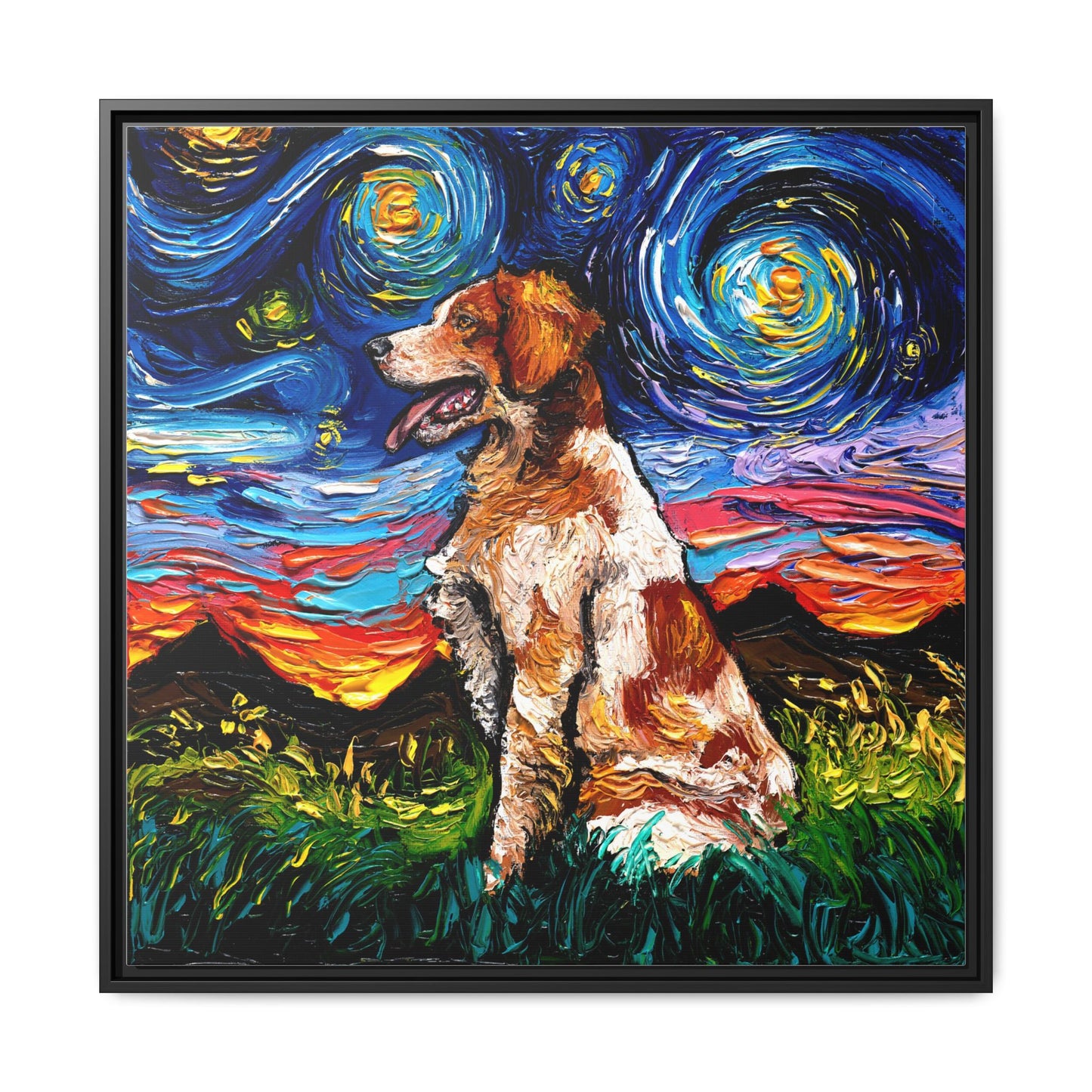 "Brittany Spaniel Night" Framed Canvas Wall Art