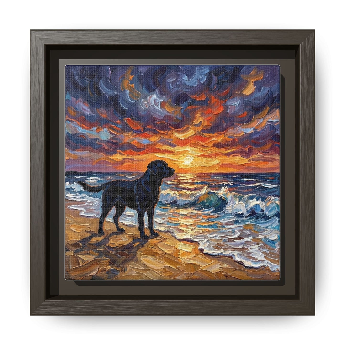 "Beach Sunset - Black Labrador" Framed Canvas Wall Art