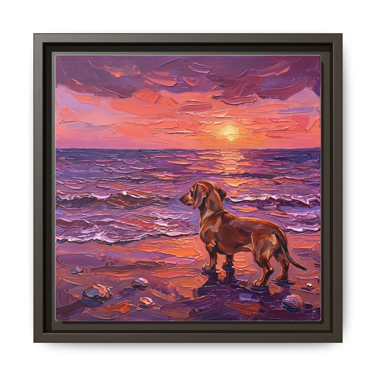 "Beach Day - Brown Dachshund" Framed Canvas Wall Art