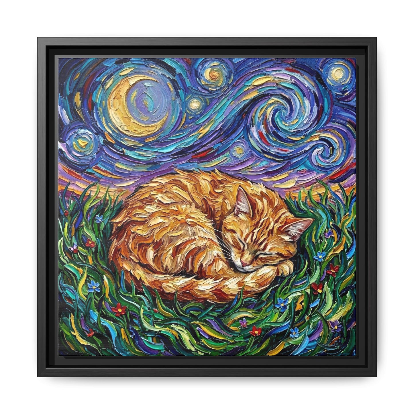 "Sleepy Orange Tabby Night" Framed Canvas Wall Art