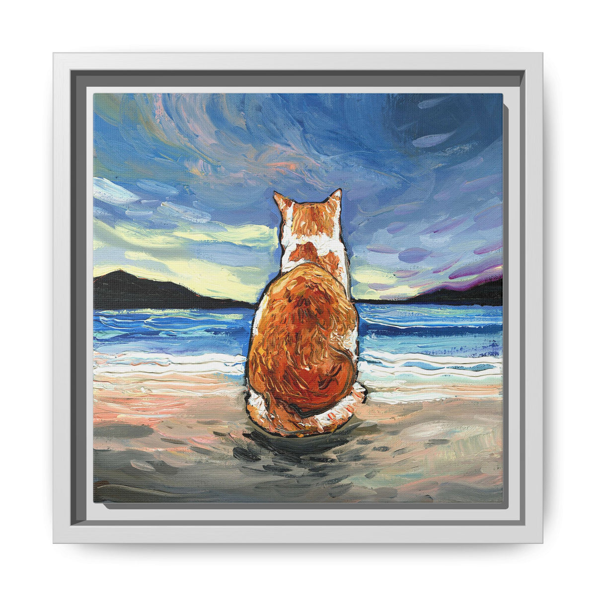 "Beach Day - Orange and White Tabby Cat" Framed Canvas Wall Art