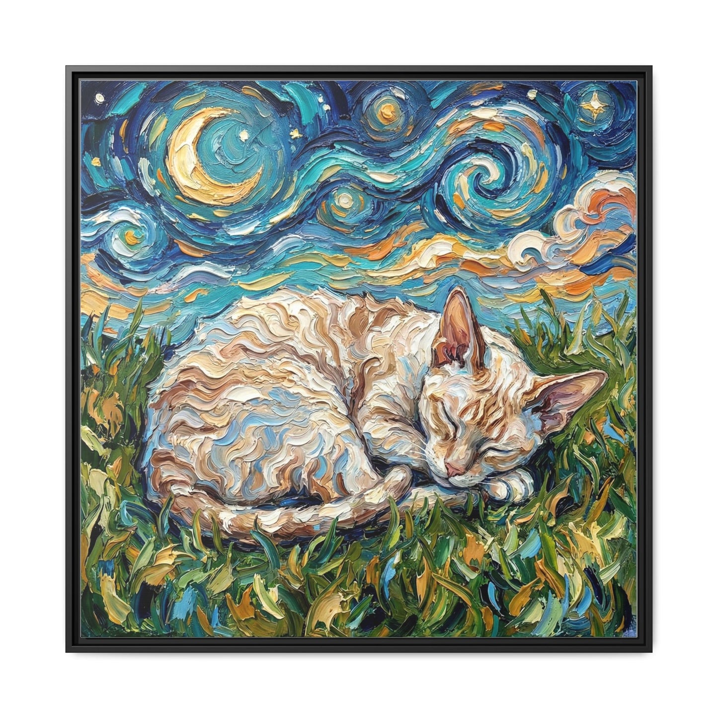"Sleepy Cornish Rex Night" Framed Canvas Wall Art