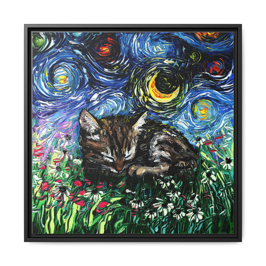 "Sleepy Tabby Kitten Night" Framed Canvas Wall Art