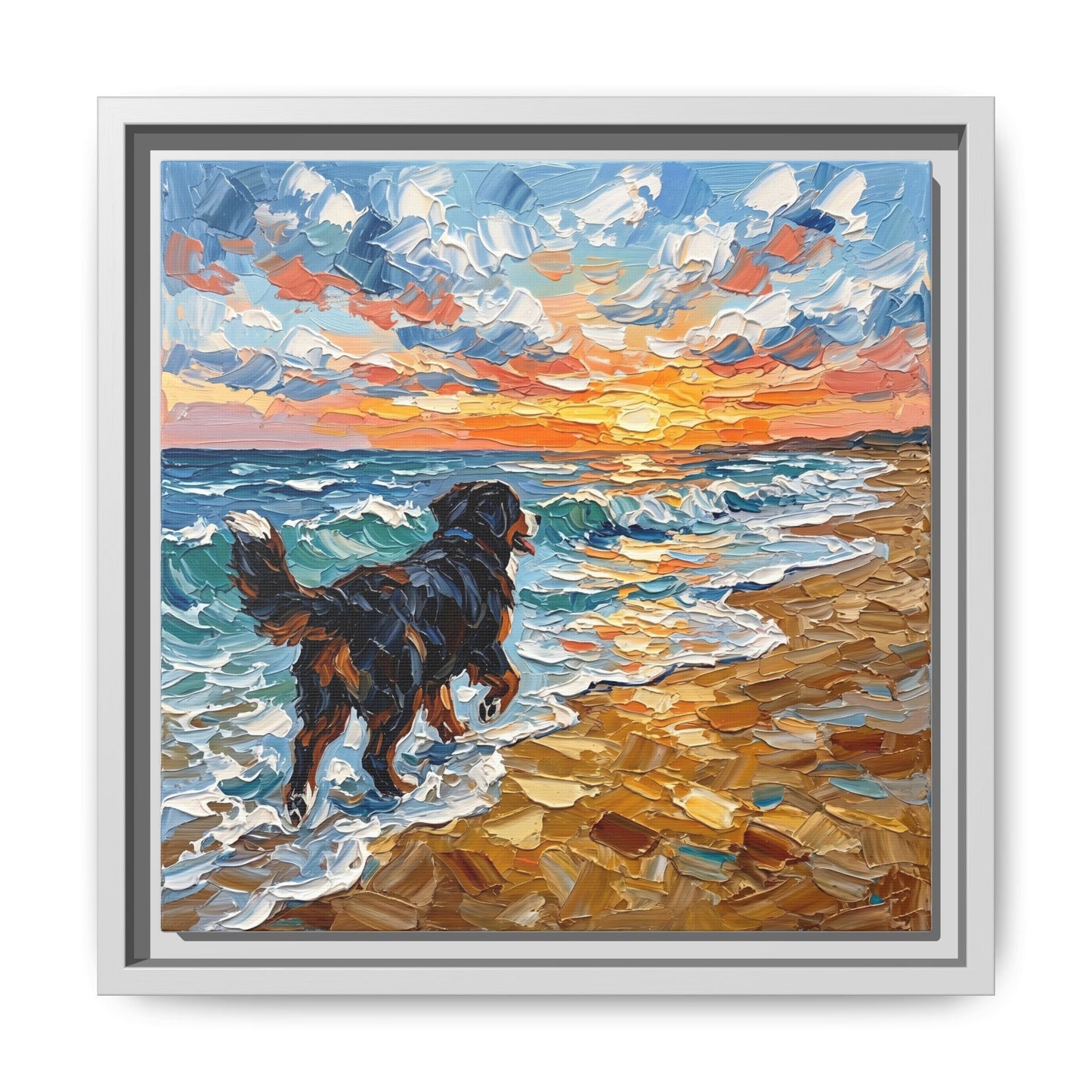 "Beach Day - Frolicking Bernese Mountain Dog" Framed Canvas Wall Art