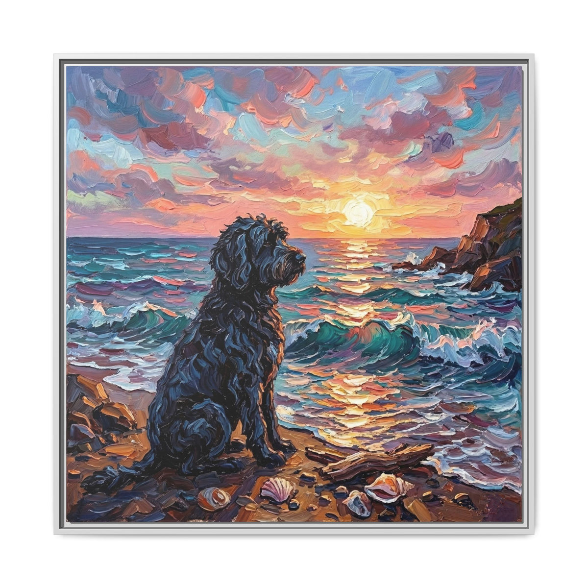 "Beach Days - Portuguese Water Dog" Framed Canvas Wall Art