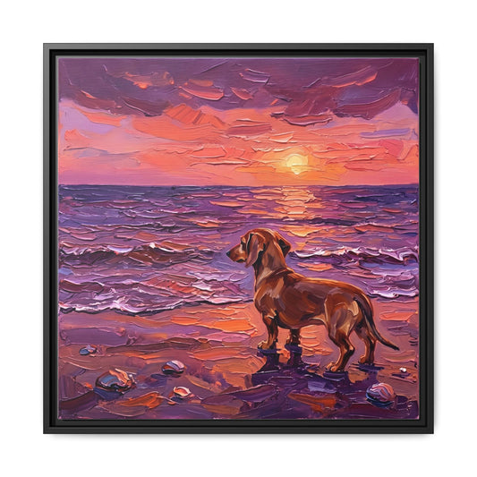 "Beach Day - Brown Dachshund" Framed Canvas Wall Art