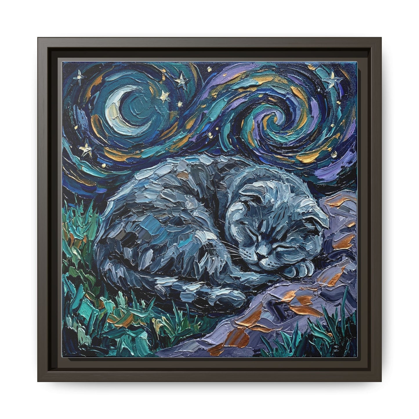 "Sleepy Scottish Fold Night" Framed Canvas Wall Art