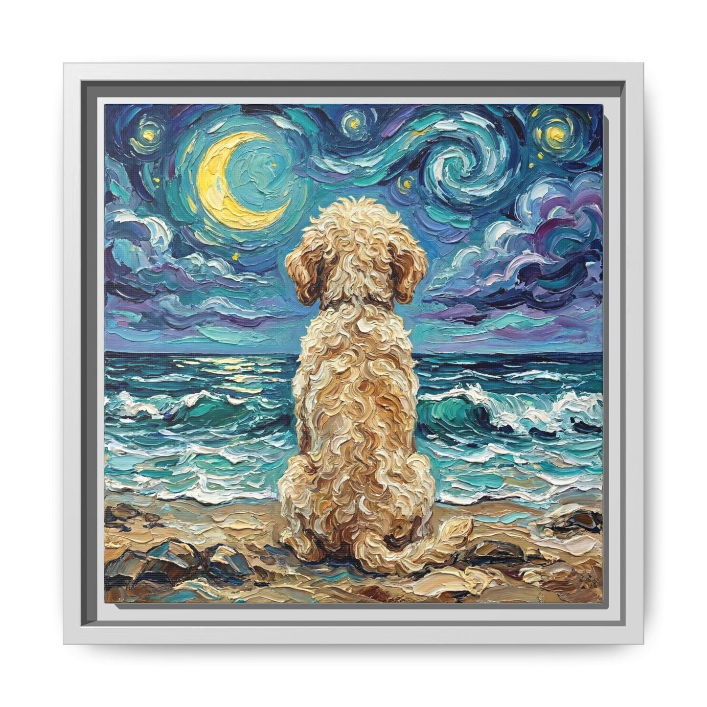 "Beach Nights - Goldendoodle" Framed Canvas Wall Art