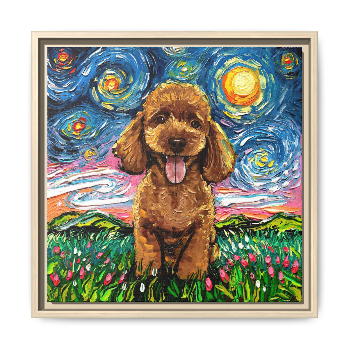 "Apricot Poodle Puppy Night" Framed Canvas Wall Art