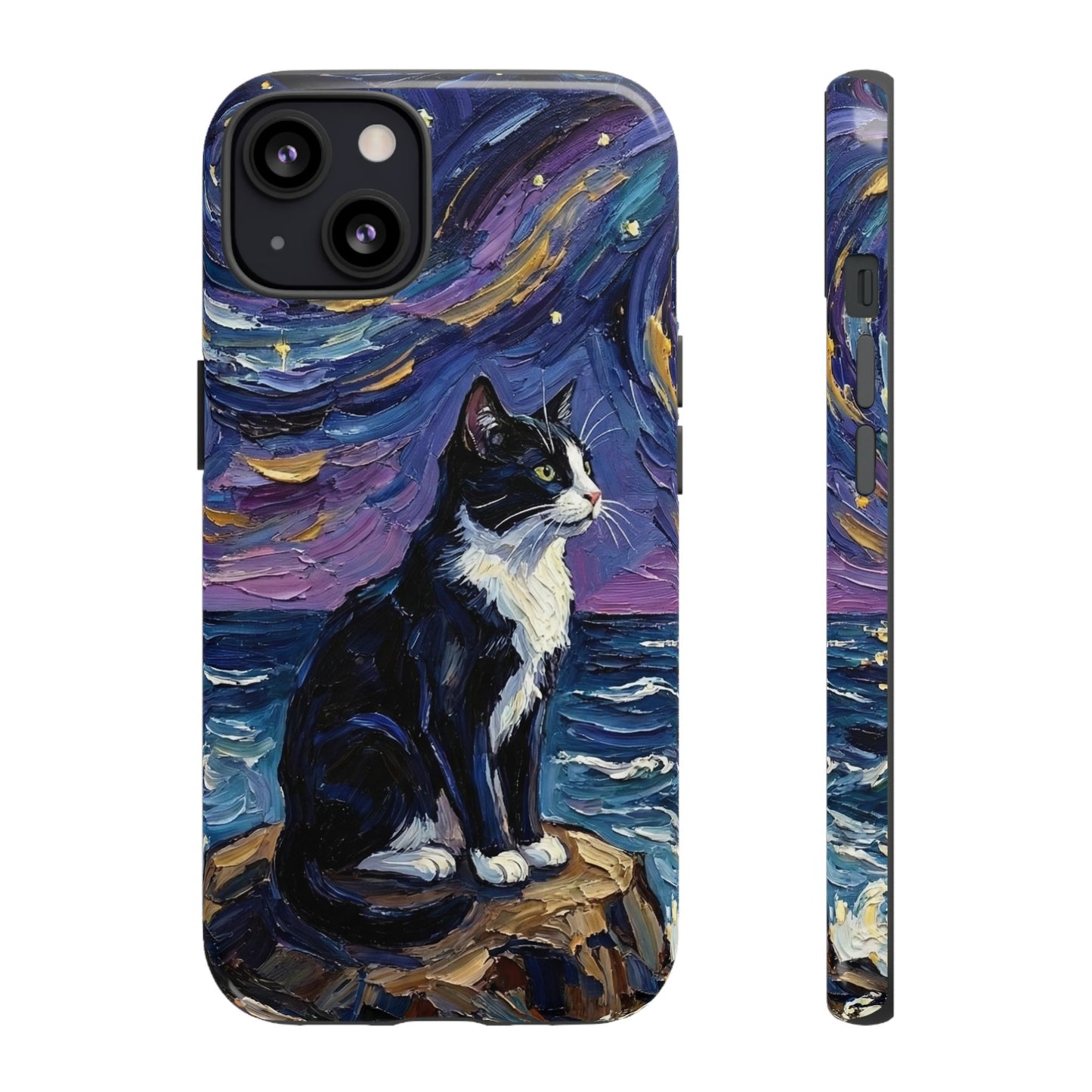 Tuxedo Cat Coastal Starry Night Art Phone Case