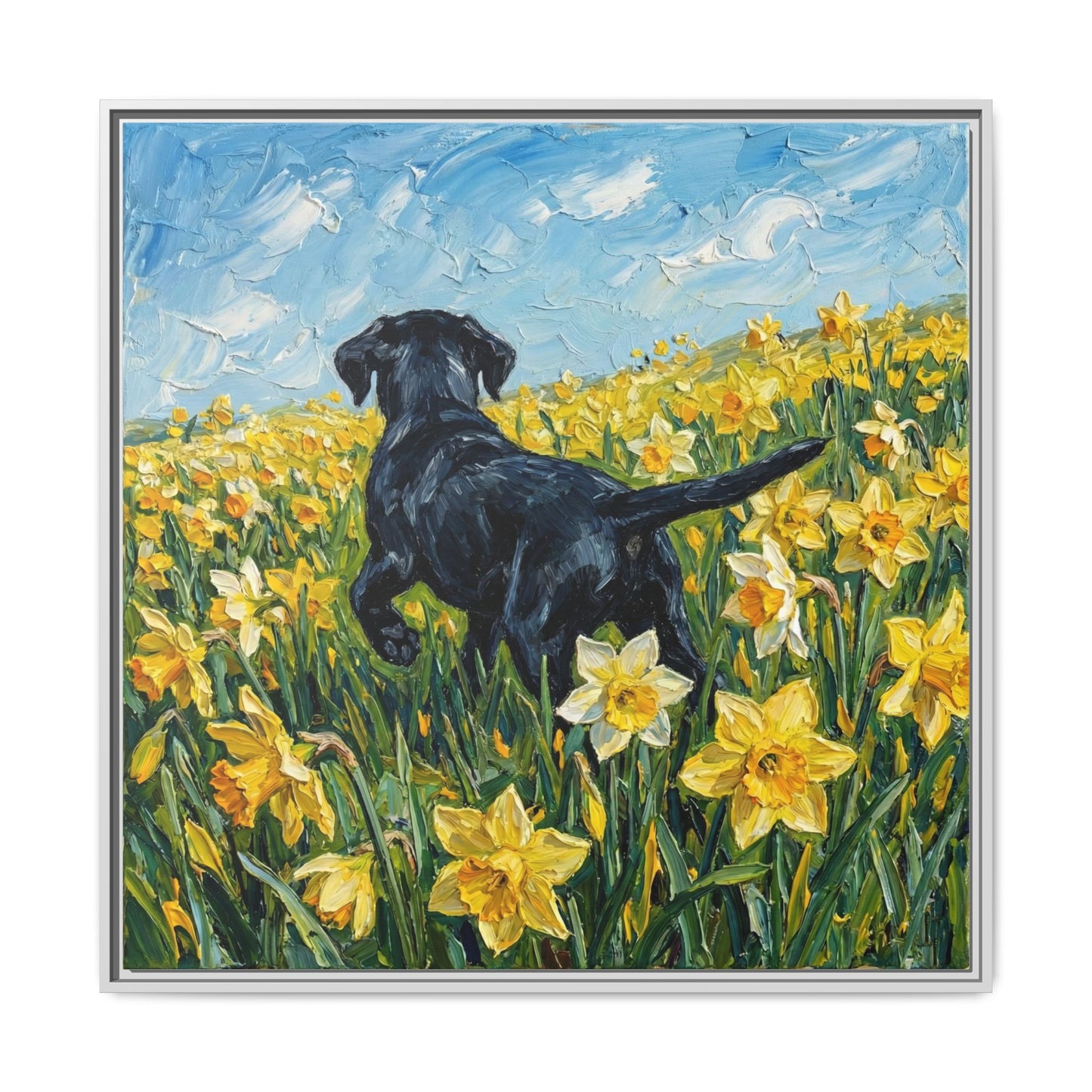 "Amongst The Flowers - Black Labrador" Framed Canvas Wall Art