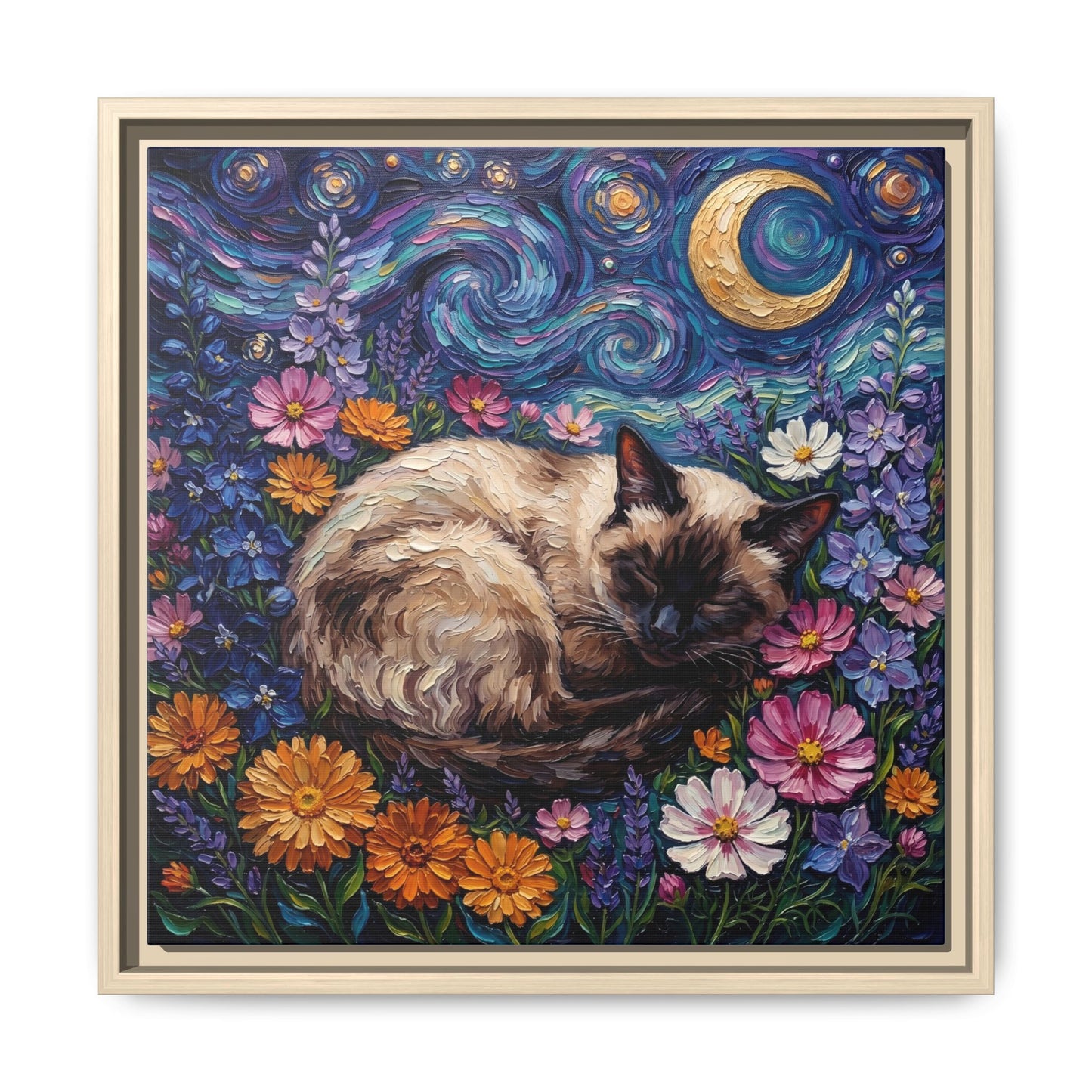 "Amongst The Flowers - Siamese Cat" Framed Canvas Wall Art