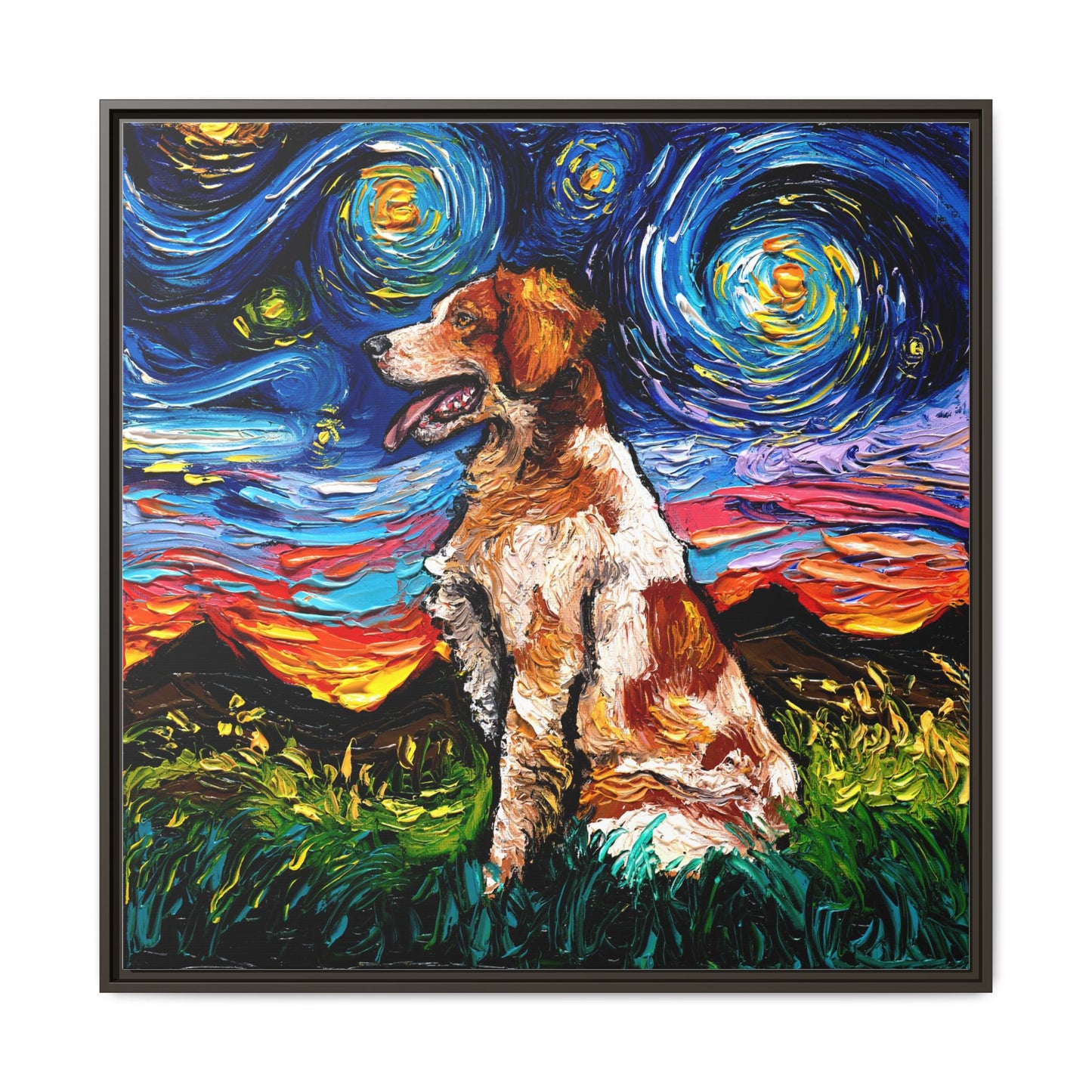 "Brittany Spaniel Night" Framed Canvas Wall Art
