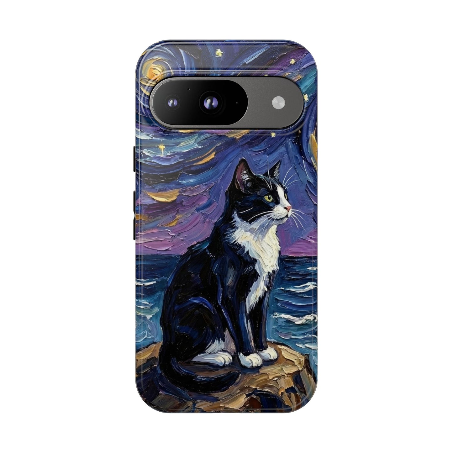 Tuxedo Cat Coastal Starry Night Art Phone Case