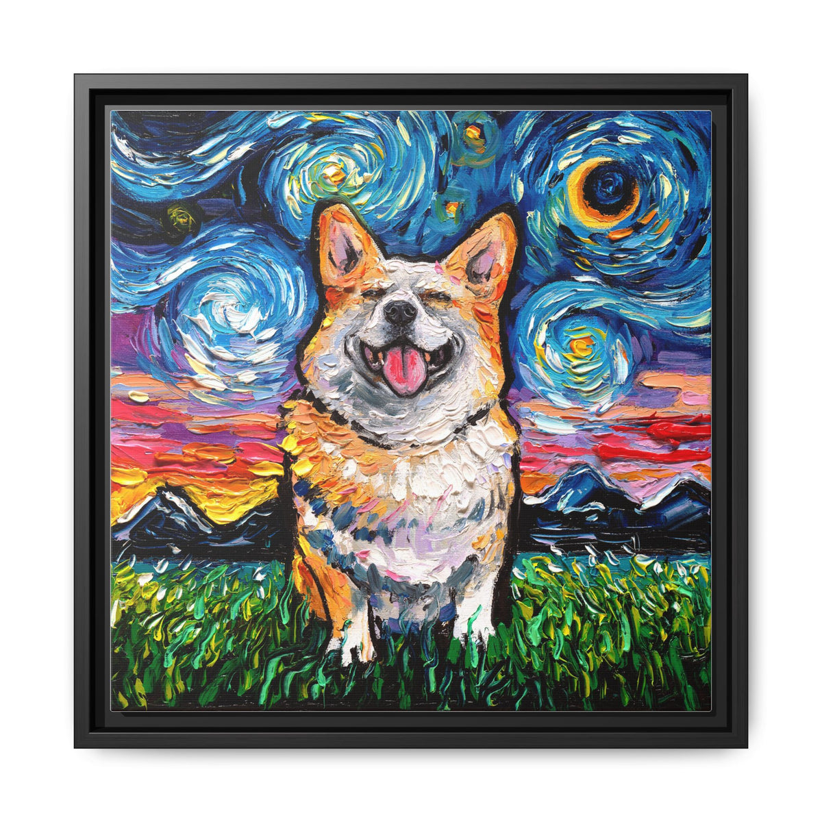 "Smiling Corgi Night" Framed Canvas Wall Art