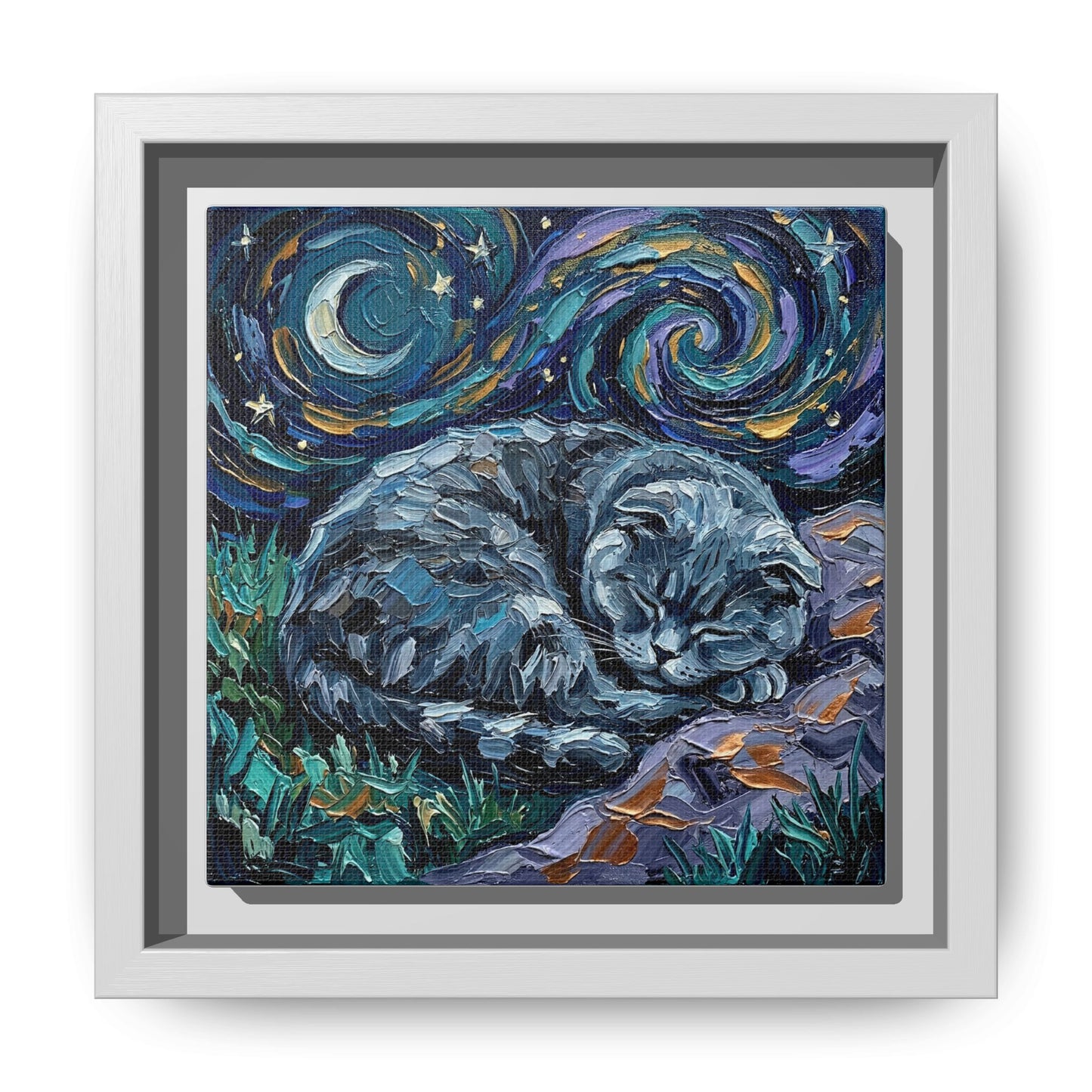 "Sleepy Scottish Fold Night" Framed Canvas Wall Art