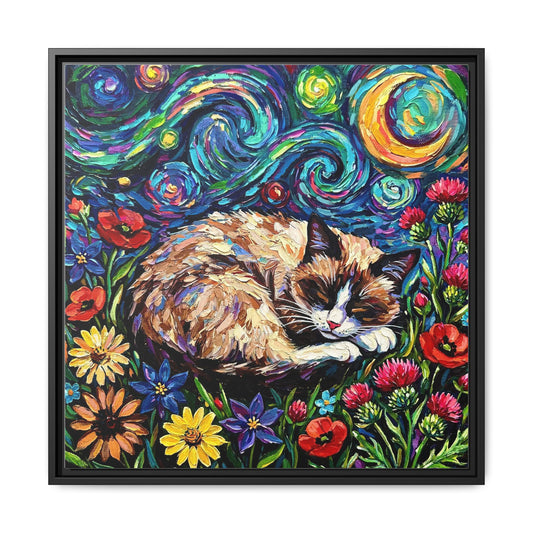 "Sleepy Snowshoe Cat Night" Framed Canvas Wall Art