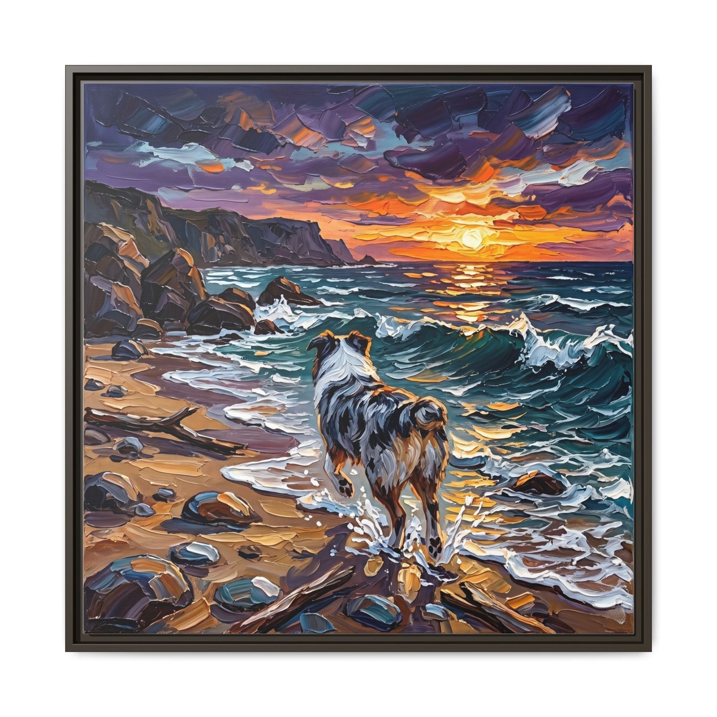 "Beach Day - Merle Aussie Shepherd" Framed Canvas Wall Art