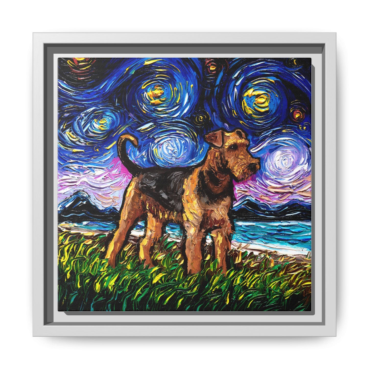 "Airedale Terrier Night" Framed Canvas Wall Art