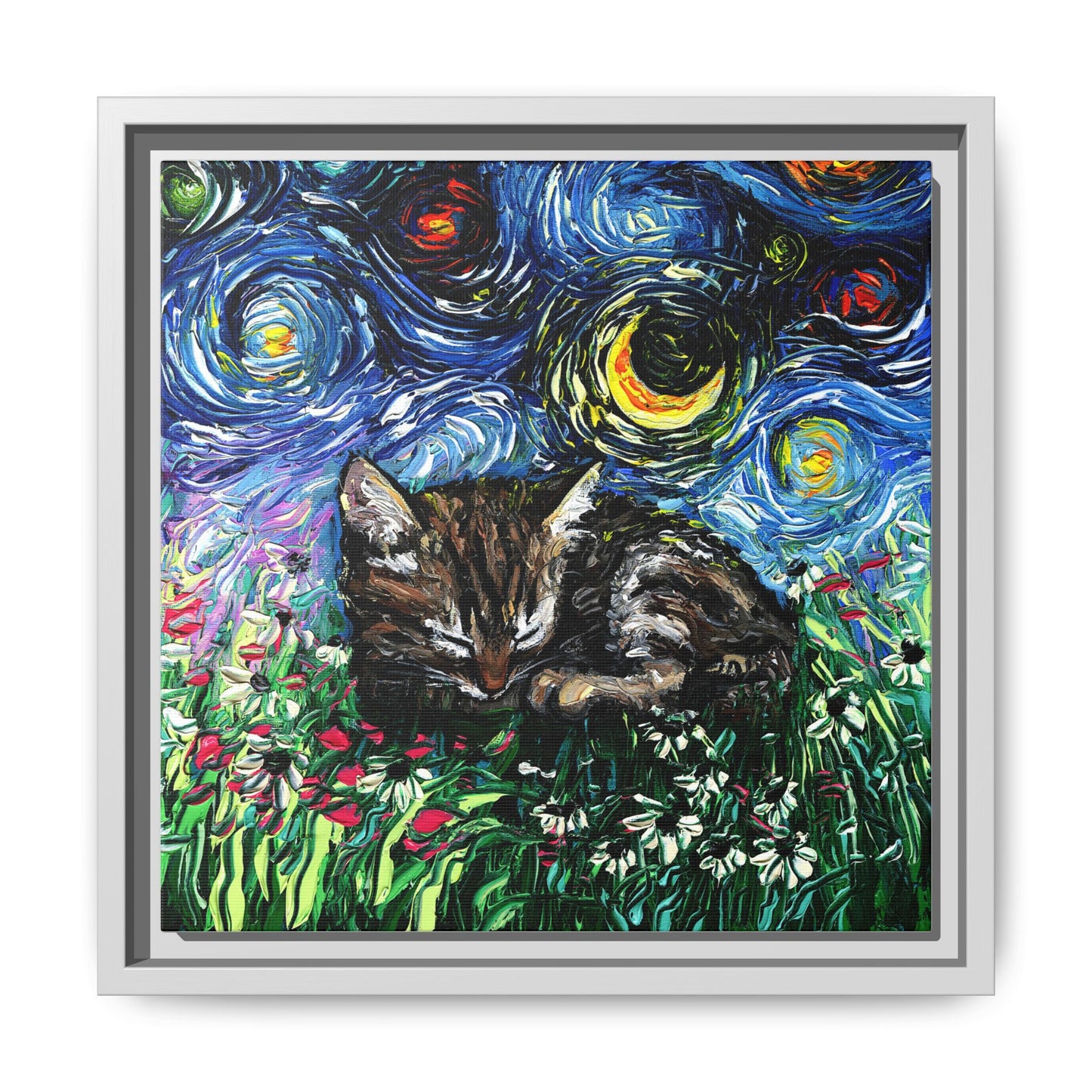 "Sleepy Tabby Kitten Night" Framed Canvas Wall Art