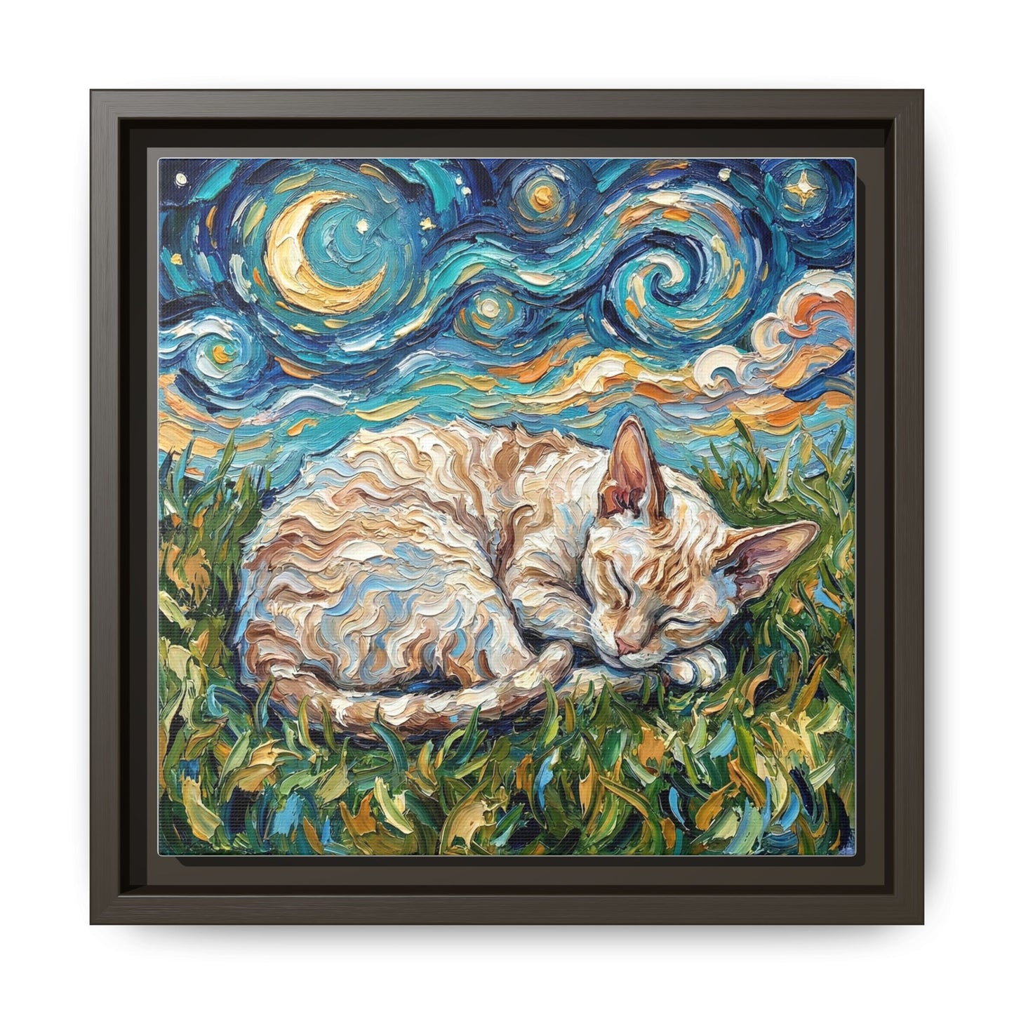 "Sleepy Cornish Rex Night" Framed Canvas Wall Art