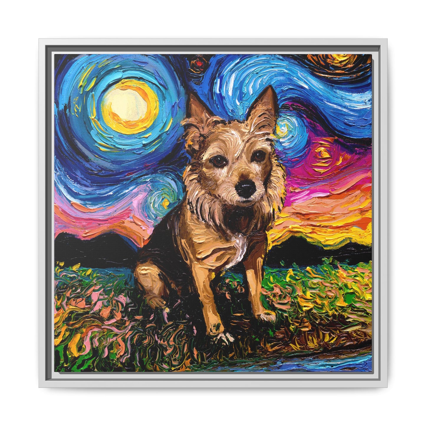 "Australian Terrier Night" Framed Canvas Wall Art