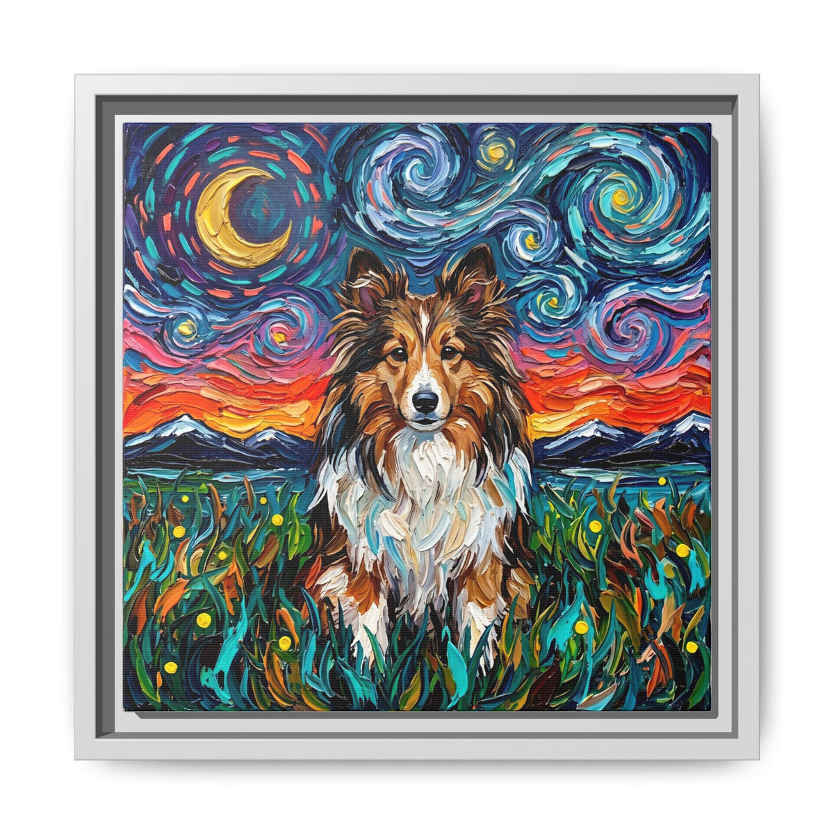 "Sheltie Night 2" Framed Canvas Wall Art