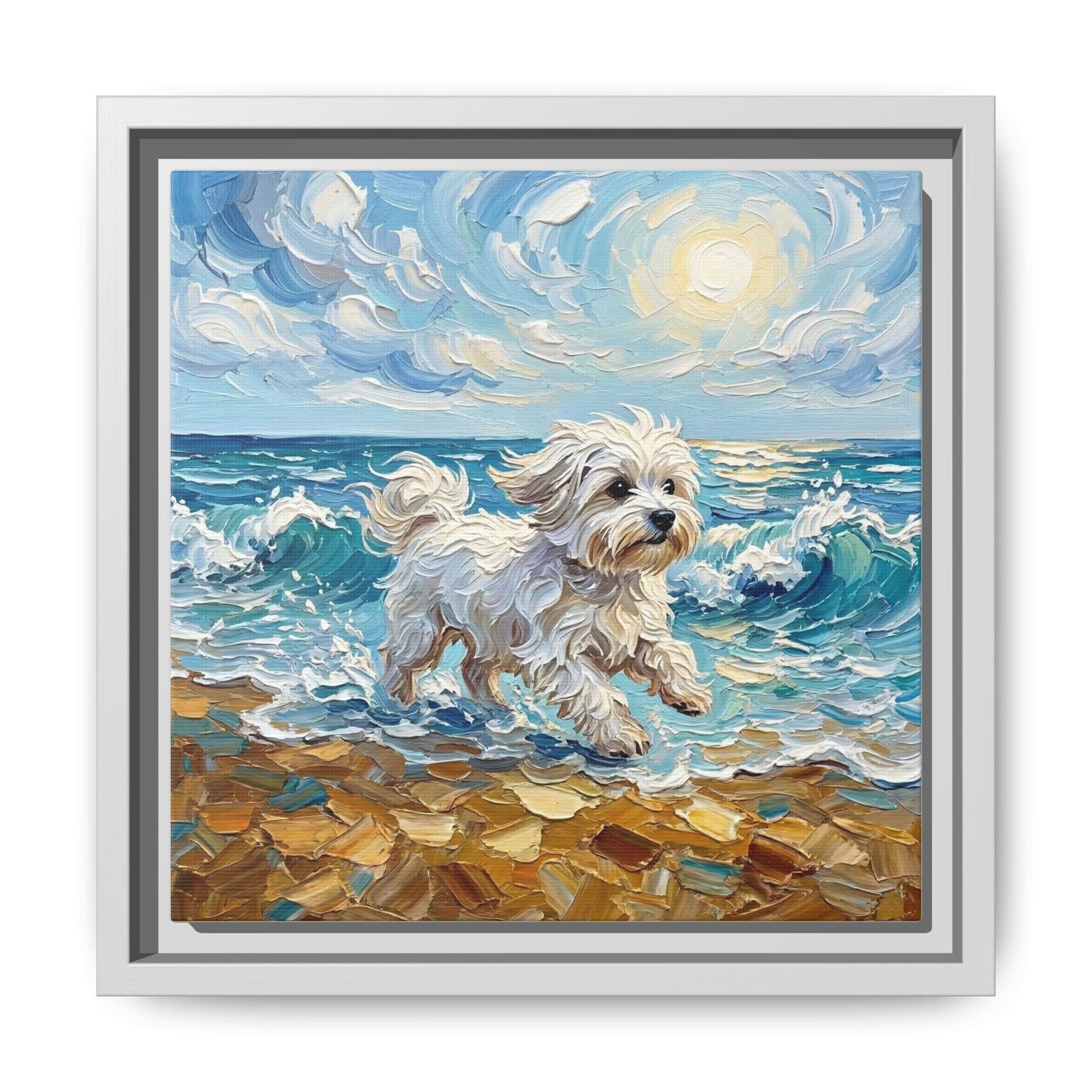 "Beach Day - Maltese" Framed Canvas Wall Art