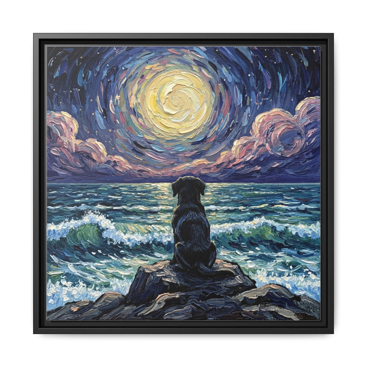 "Beach Night - Black Lab Puppy" Framed Canvas Wall Art