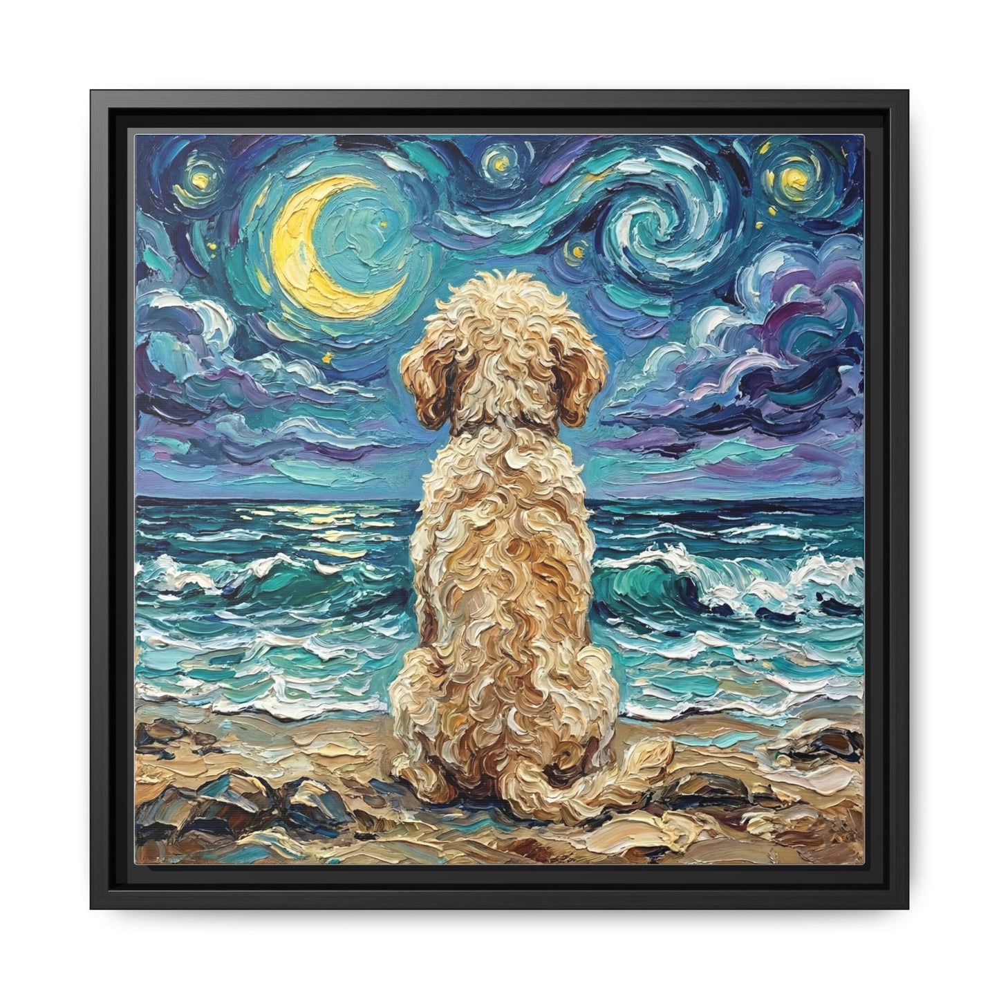 "Beach Nights - Goldendoodle" Framed Canvas Wall Art