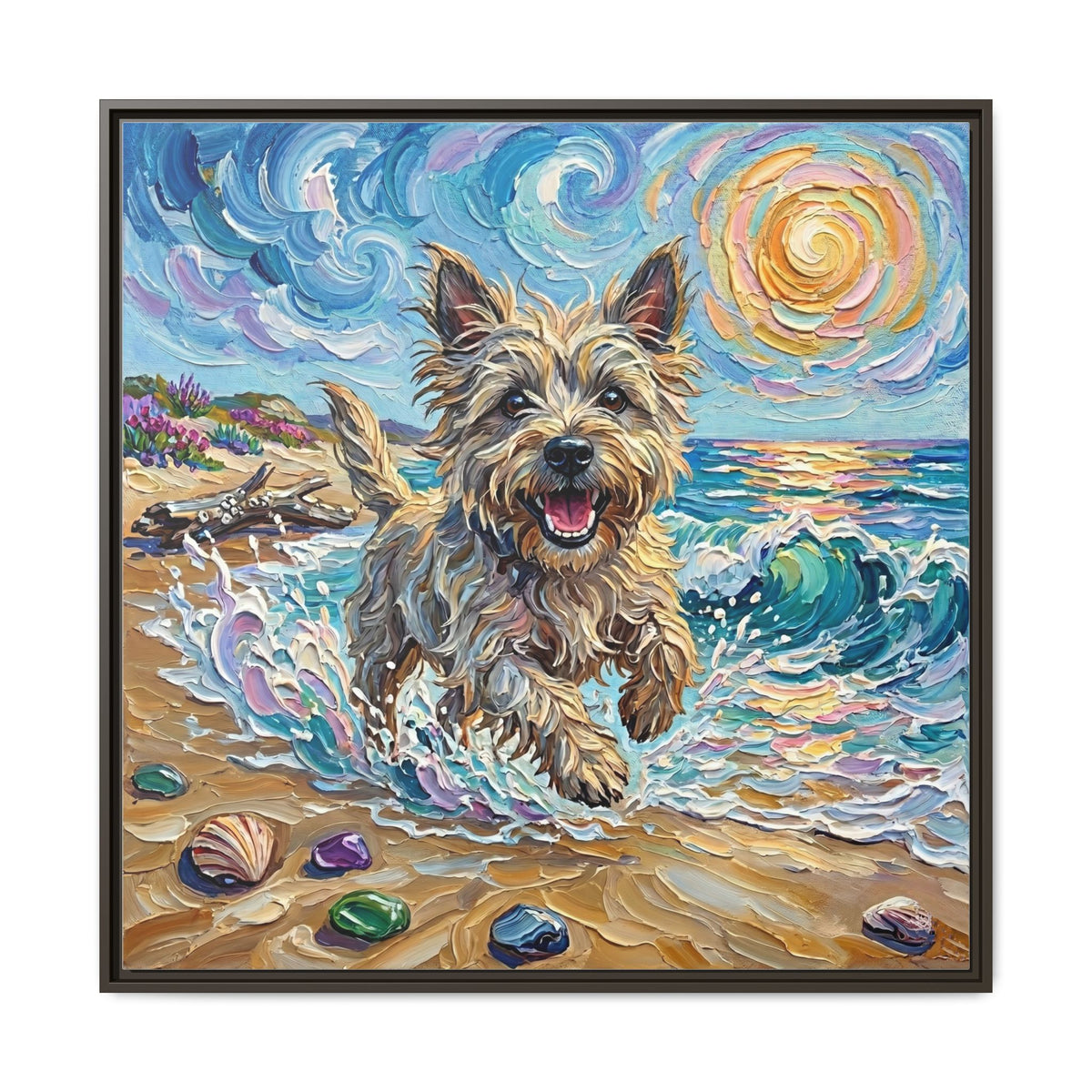 "Beach Days - Cairn Terrier" Framed Canvas Wall Art
