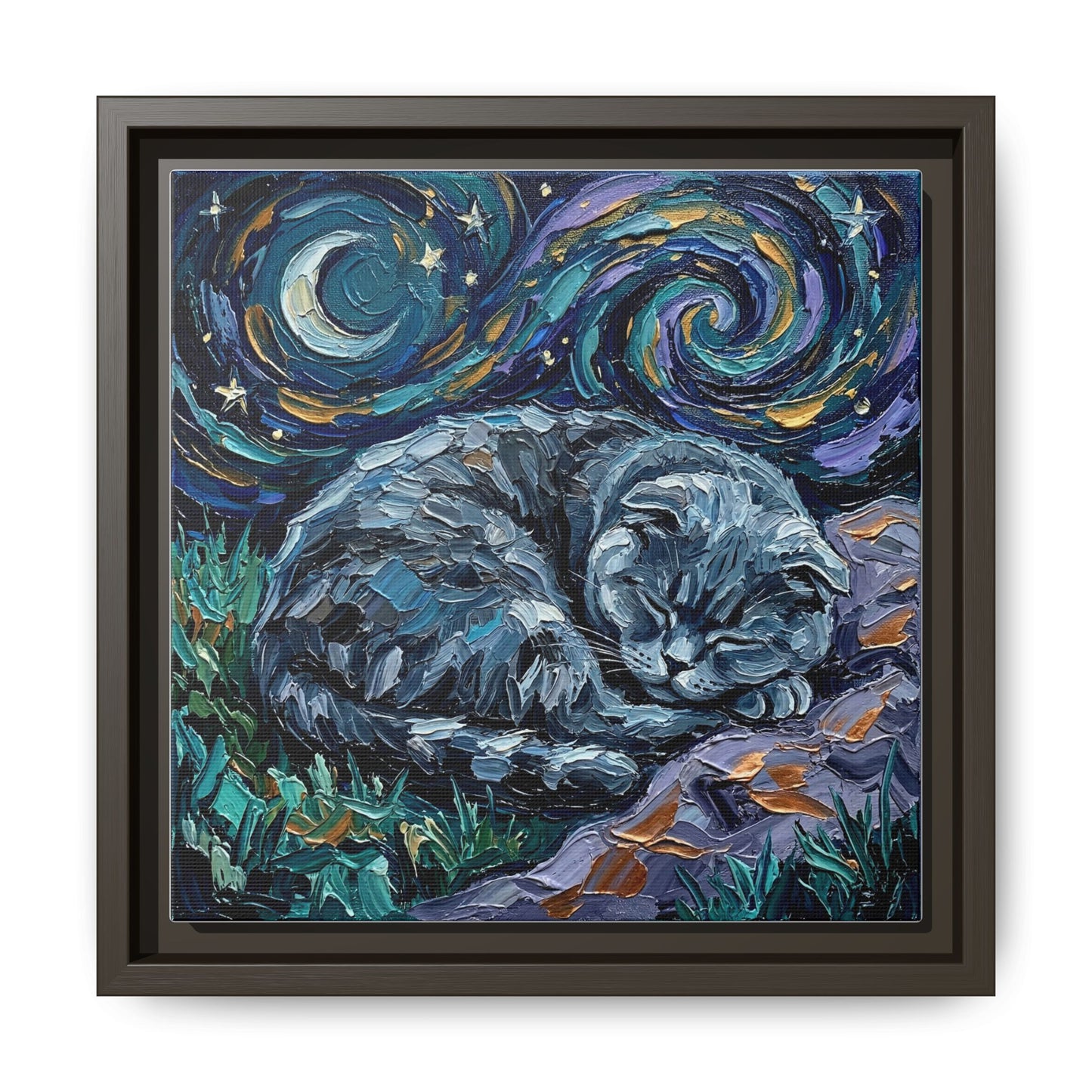 "Sleepy Scottish Fold Night" Framed Canvas Wall Art